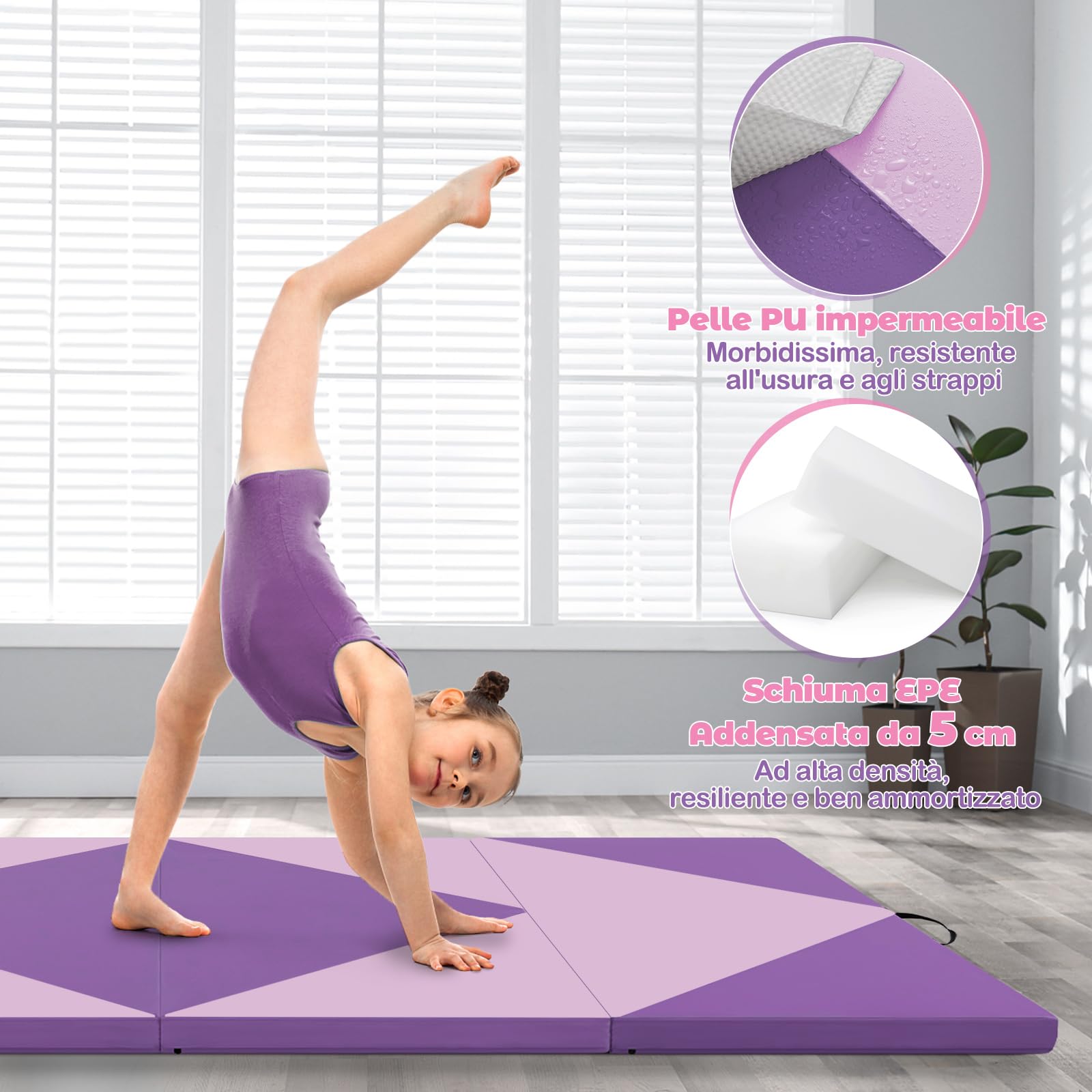GYMAX Tappetino da Ginnastica Pieghevole, 240 x 117 x 5 cm Materassino da Allenamento Portatile Spesso 5 cm, con Imbottitura Impermeabile e Manici, per Indoor Outdoor Palestre Casa