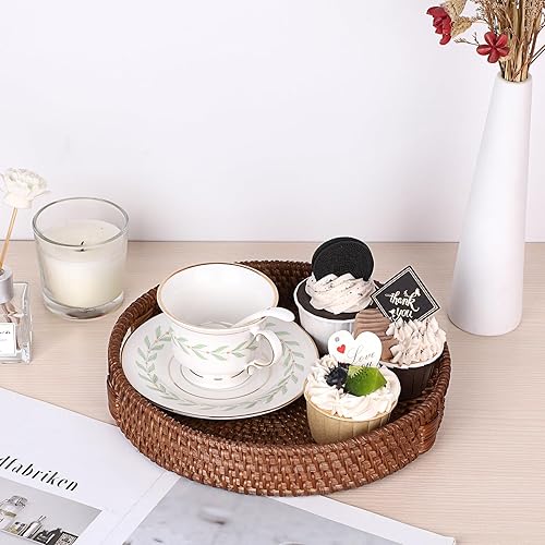 Miniatura 5 de Hipiwe Bandeja redonda de ratán con asas, bandeja decorativa tejida para mesa de café, pequeña bandeja otomana de mimbre para servir desayuno,
