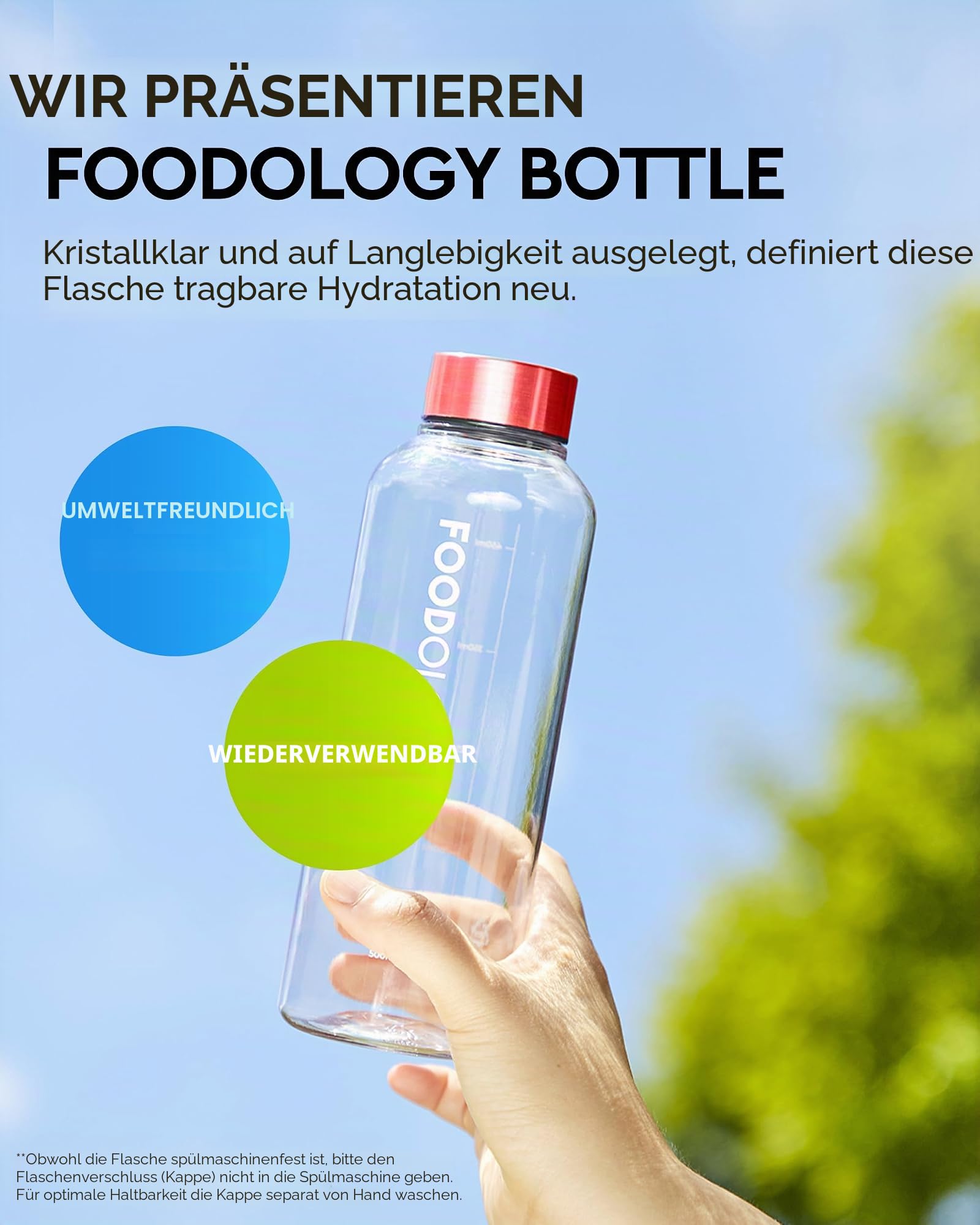 FOODOLOGY Trinkflasche für Getränkemix, auslaufsicher, leicht, langlebig, Sport-Trinkflasche, wiederverwendbar, für Fitnessstudio, Outdoor, Reisen, BPA-frei, transparent, mit Marker