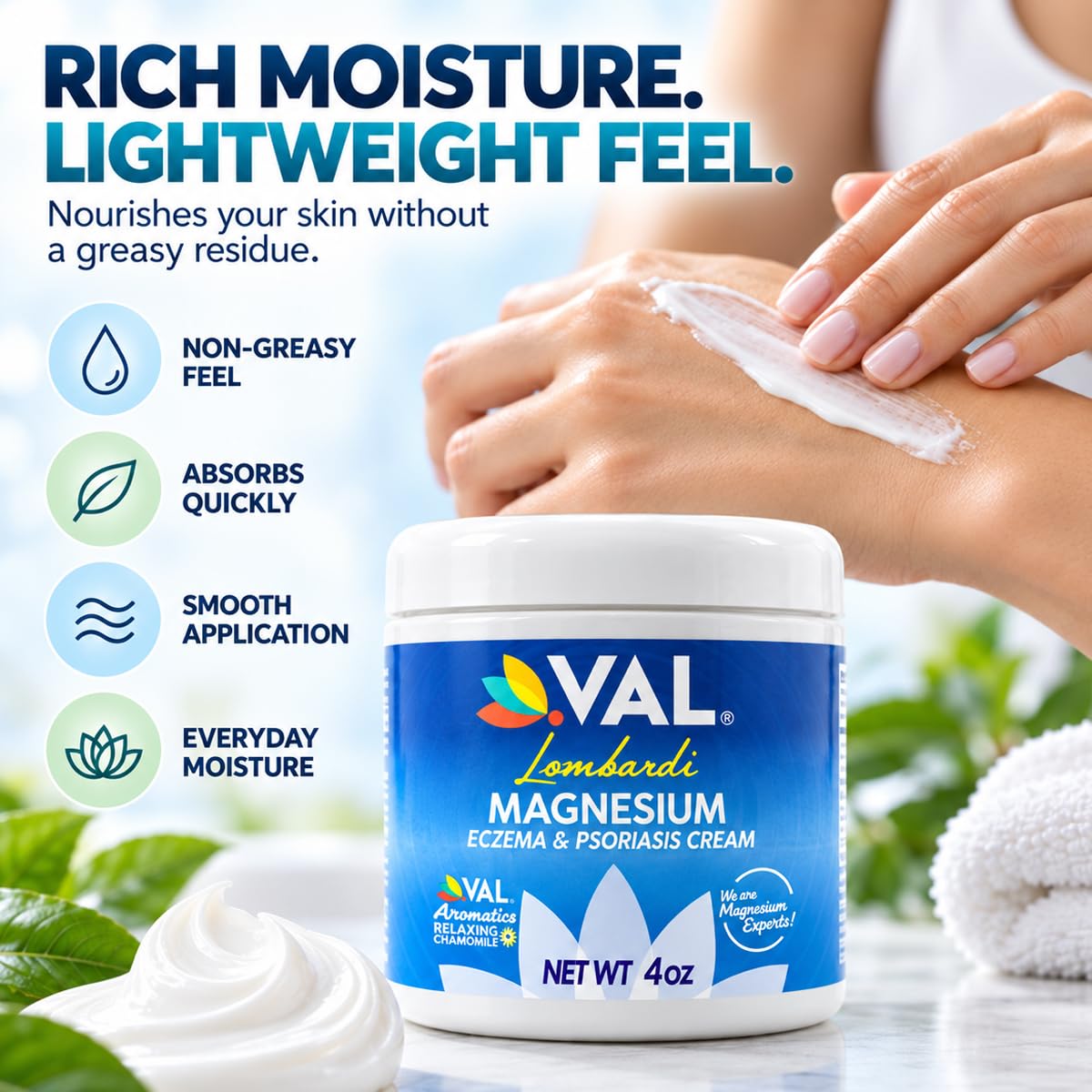 VAL Magnesium Cream for Eczema & Psoriasis | Natural Moisturizer with Zechstein Magnesium, Oatmeal, Aloe, Chamomile, Vitamin E – Fast Itch Relief | 4oz — Amazon image 6