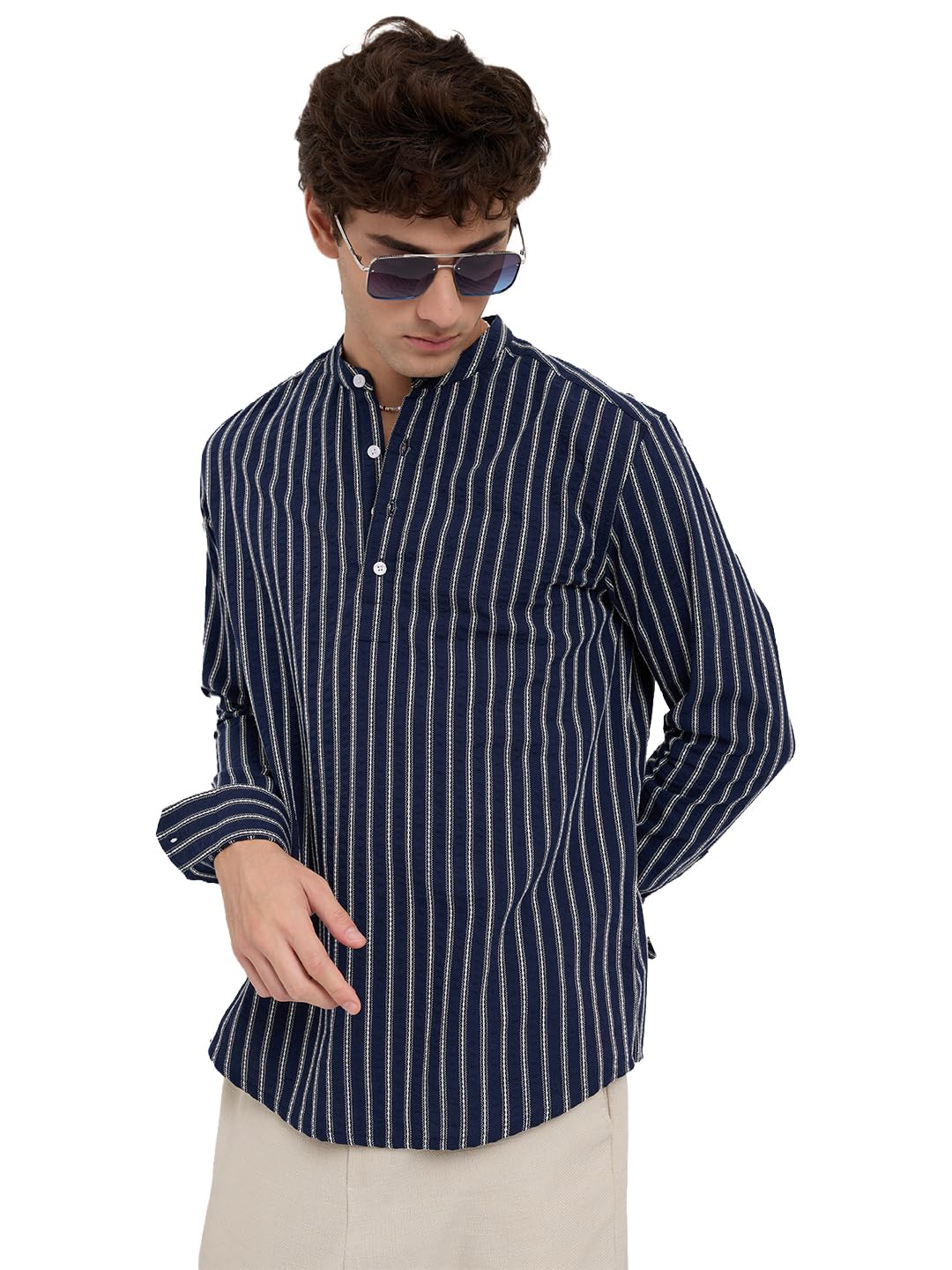vastrado Luxe Coastal Navy Motif Embroidered Striped Kurta-picture-52