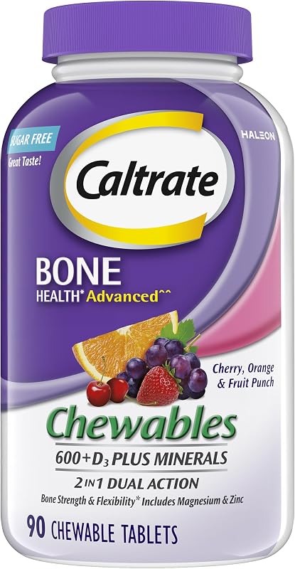 Caltrate Chewables 600 Plus D3 Suplemento de vitamina D y calcio, 90 unidades | Sin azúcar, el nivel más alto de vitamina D3, maximiza la absorción de calcio para apoyar huesos fuertes y la función diaria