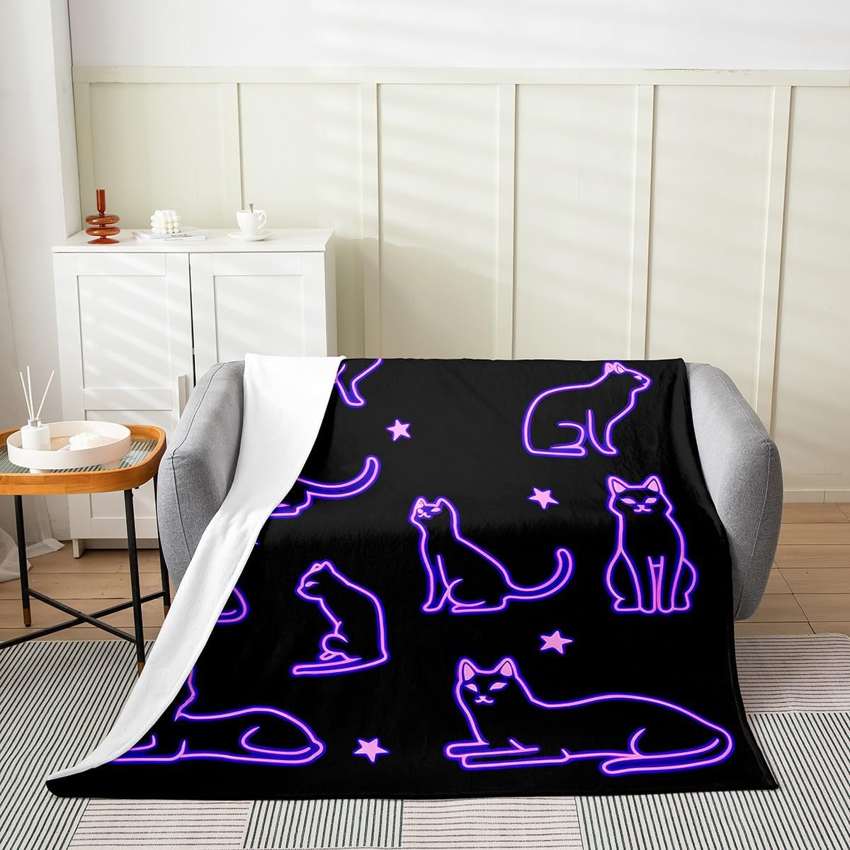 Black Cat Throw Blanket Queen, Glowing Stars Moon Sherpa Blanket for Bed Sofa, Neon Purple Line Cat Fleece Blanket, Kawaii Kitten Plush Bed Blanket, Cute Cartoon Cat Soft Cozy Flannel Blanket