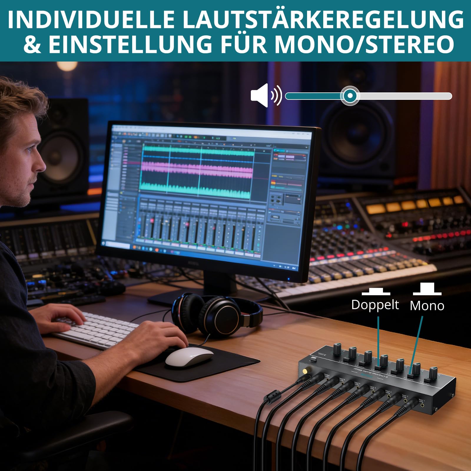 Audio Mixer 6 Kanal Stereo Audiomischer 6,35 mm+3,5 mm Mini-Audiomischer 6 Eingänge & 1 Ausgang, Type-C Aufladen, Ultra Niedrig Noise, mit Lautstärkeregelung