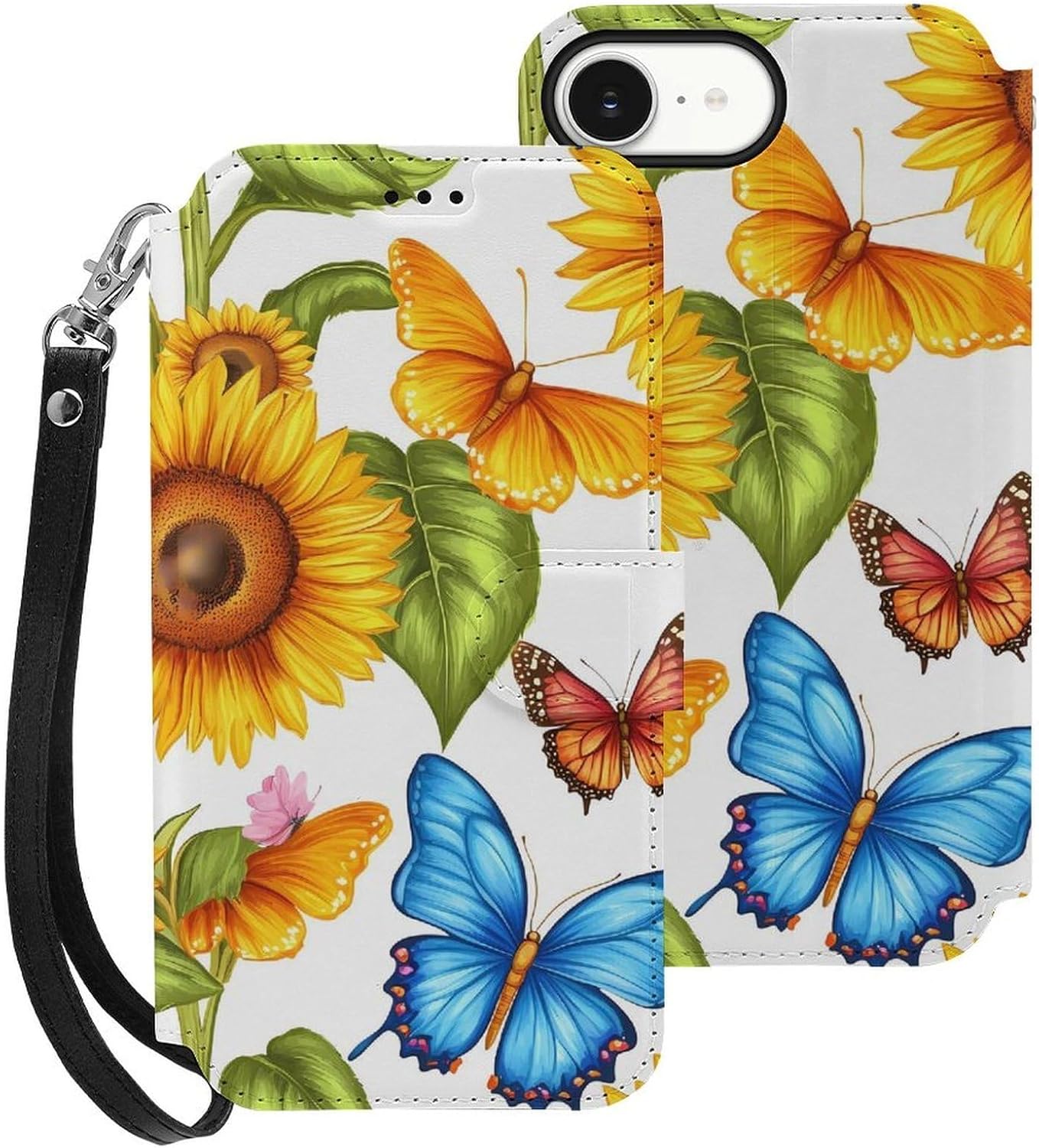 Colorful Butterfly Sunflowers Compatible with iPhone 16/16 Plus/16 Pro/16 Pro Max/16 E Case Phone Wallet Card Holder Flip Cover with Wrist Strap