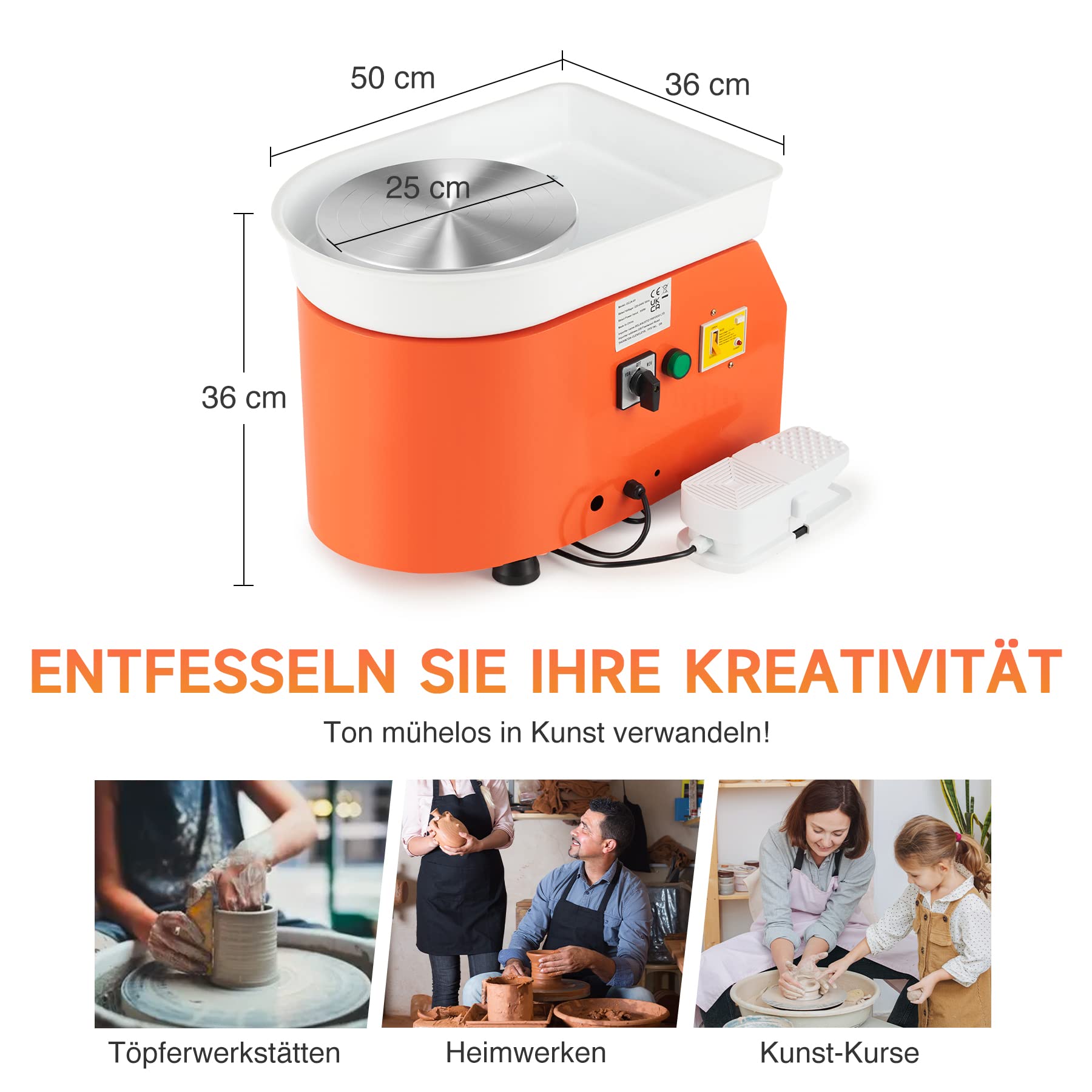 CREWORKS Töpferscheibe Elektrisch Töpferscheibe Fußantrieb 350W Keramikformwerkzeug 0-300 U/MIN Keramik-Tonmaschine 8 TLG Keramik Kit Tonspinnrad 25CM Pottery Wheel