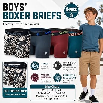 Volcom Boys Boxer Briefs Performance Underwear with Moisture Wicking & Stretch 4-Pack