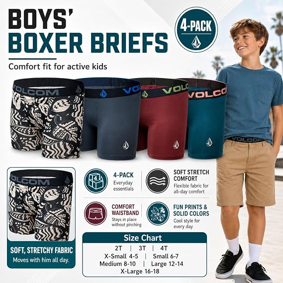 Volcom Boys Boxer Briefs Performance Underwear with Moisture Wicking & Stretch 4-Pack
