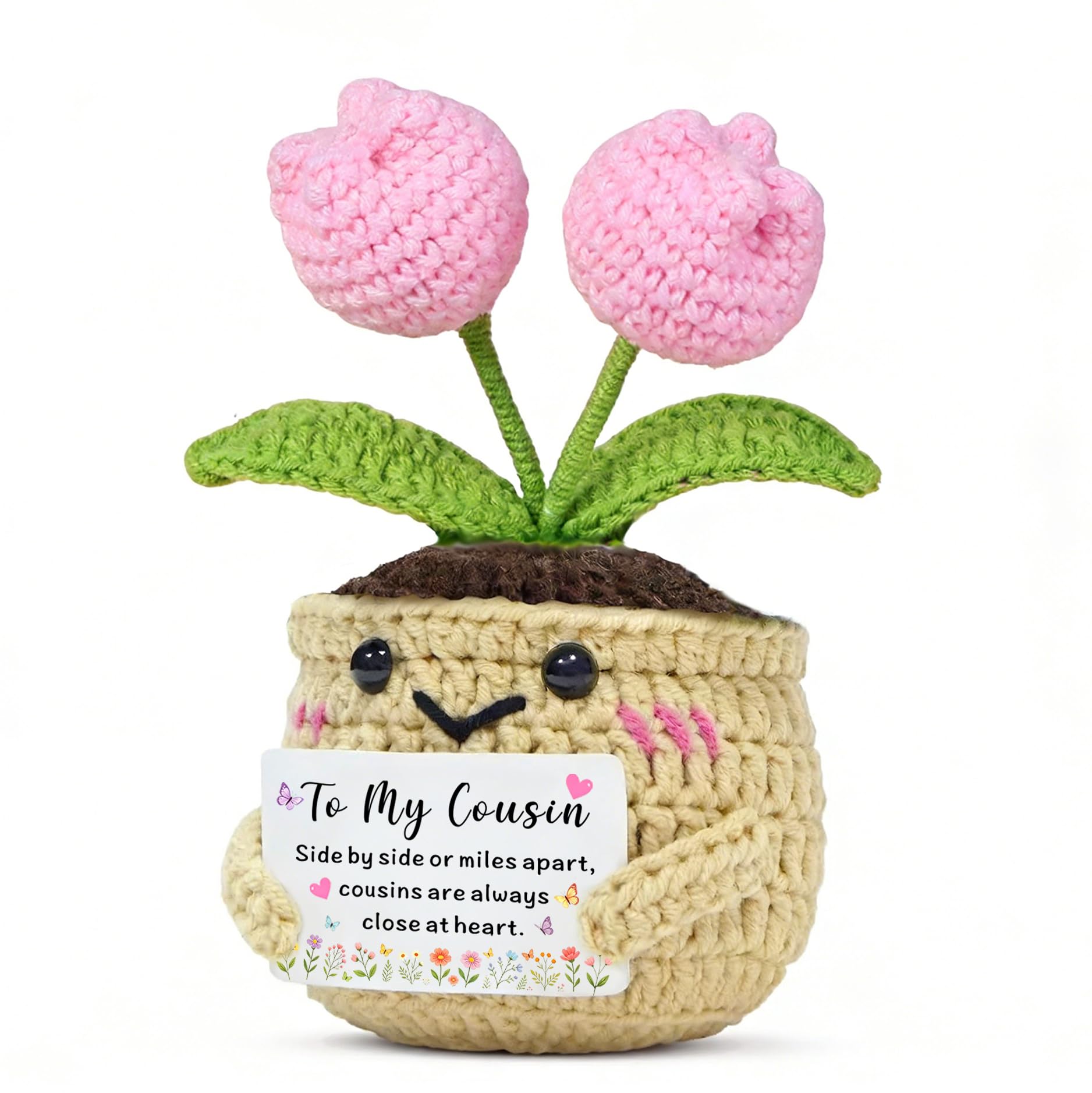 HULALA Cousin Gifts For Women Birthday Christmas Handmade Crochet Pink Tulip Flower With Card Decoration Ornament Cousin Presents