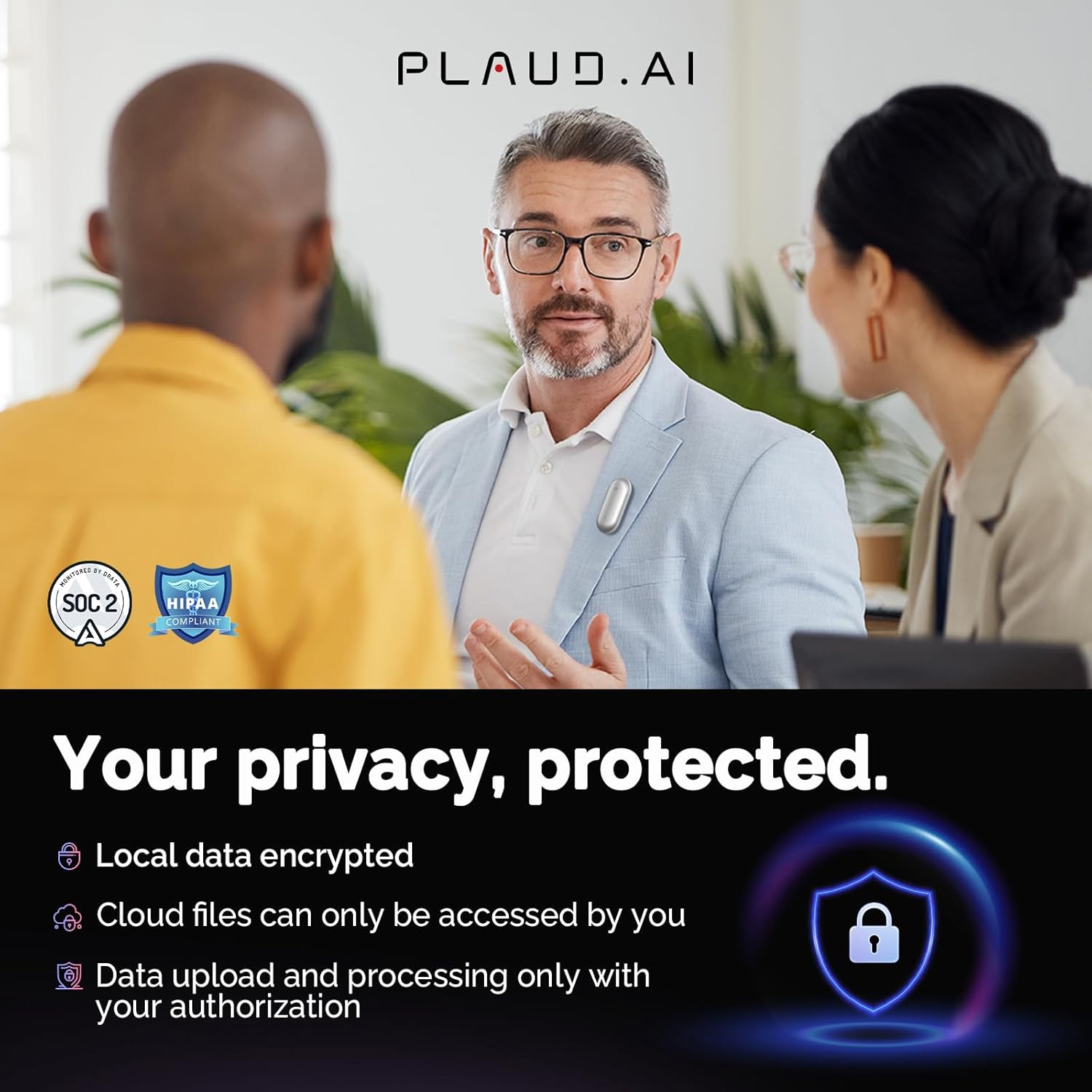 Image showing people in a meeting with text emphasizing data privacy: Local data encrypted, Cloud files can only be accessed by you, Data upload and processing only with your authorization.