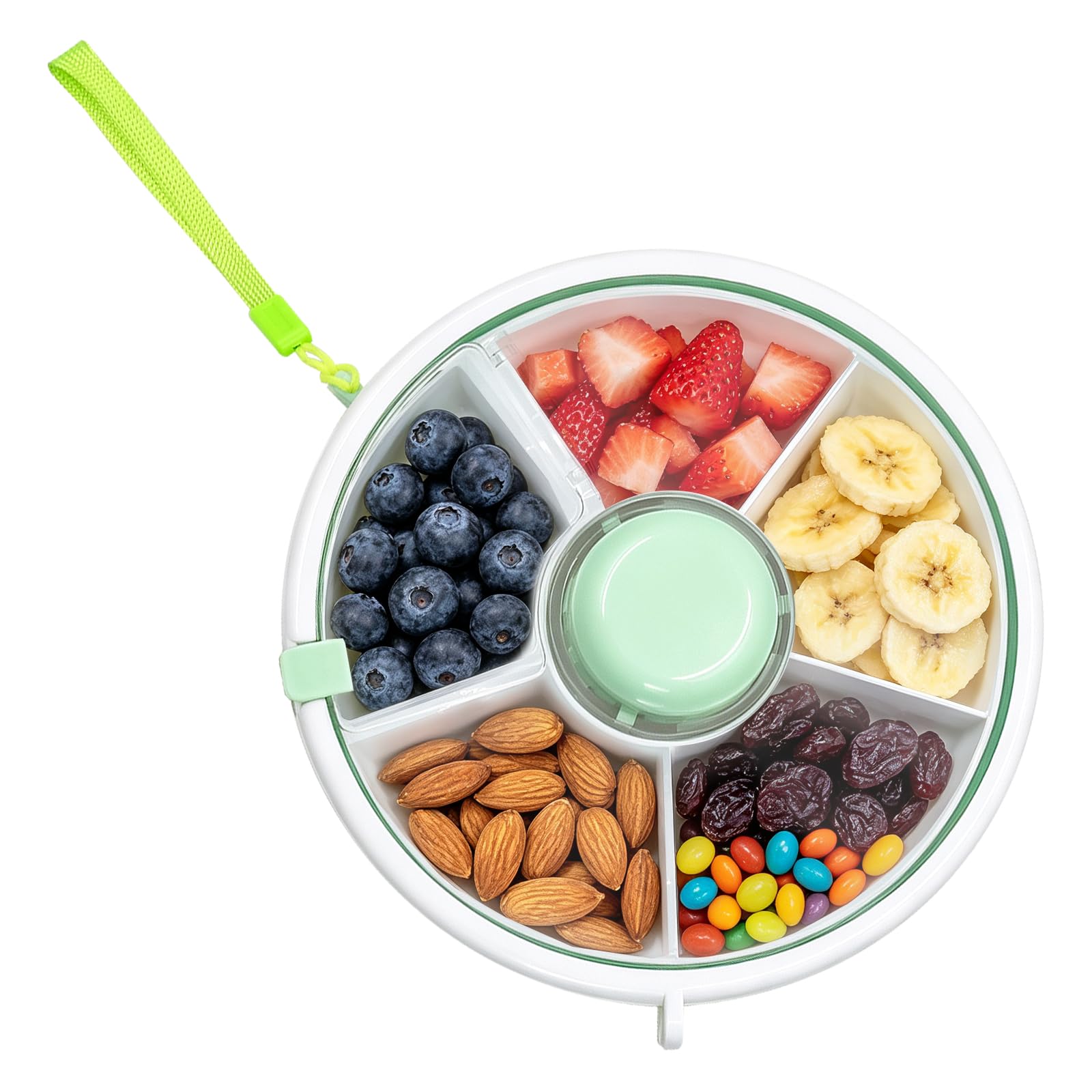 AMJKEJI Snacks Spinner Snack Box with Compartments and Lid 18cm Portable Divided Spinning Snack Tray Food Container for Candy Nut Fruit Picnic Travel Plane Work (Green)