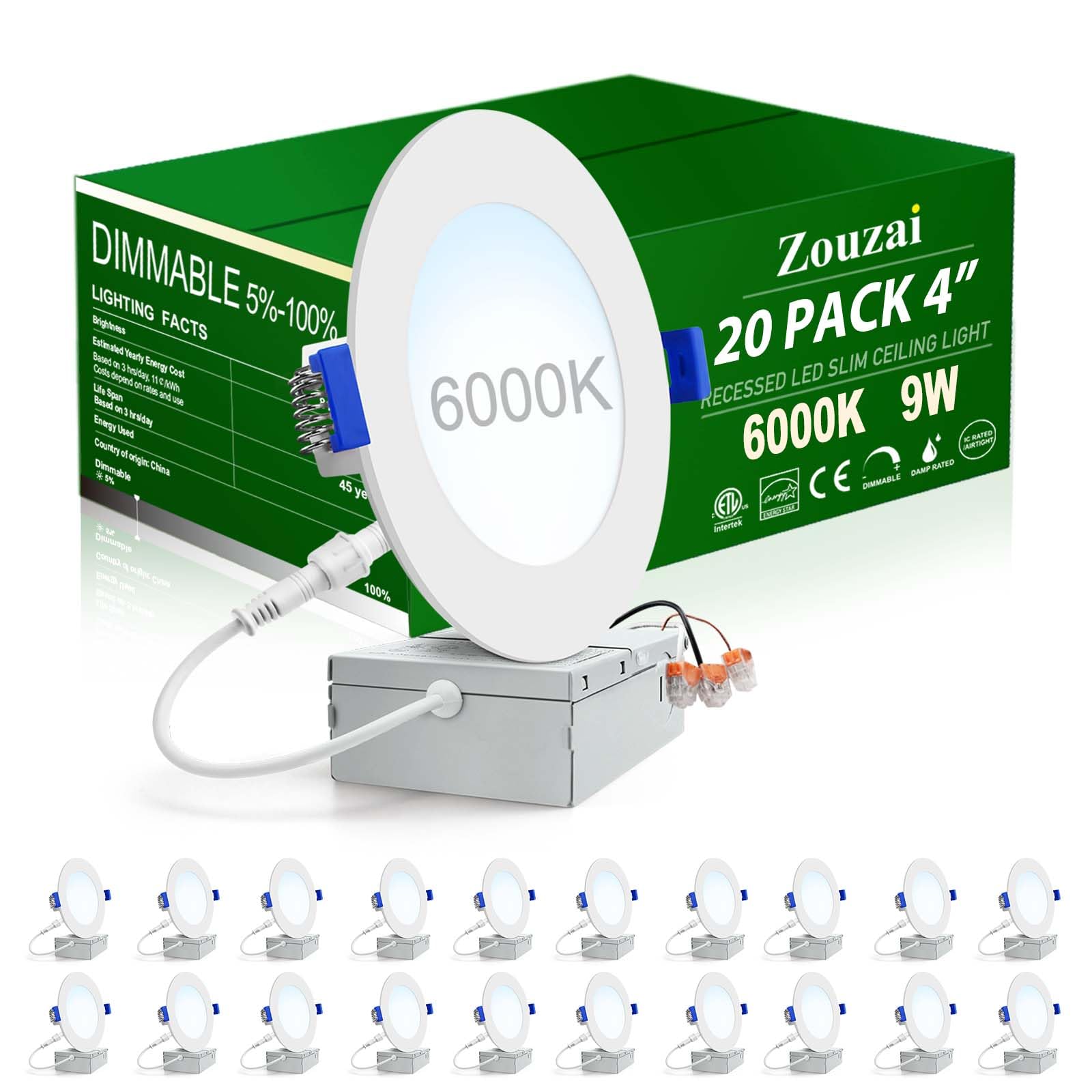 zouzai 20 Pack 4 Inch Ultra-Thin LED Recessed Ceiling Light with Junction Box 6000K Cool White Dimmable Can-Killer Downlight - ETL and Energy Star