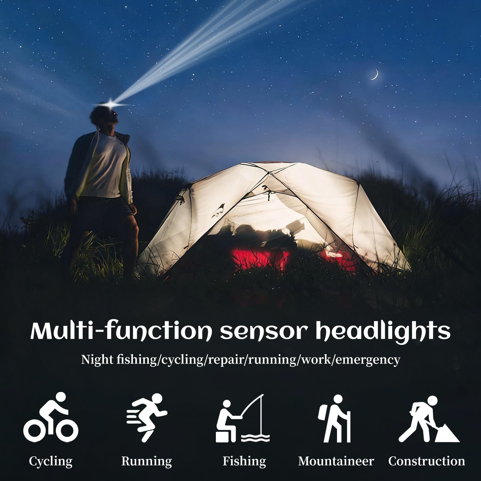 Paquete de 12 faros delanteros recargables USB-C de 2000 lúmenes, sensor de movimiento blanco/punto/inundación, resistente al agua, luz de pluma de 0.25 libras, oferta a granel para camping