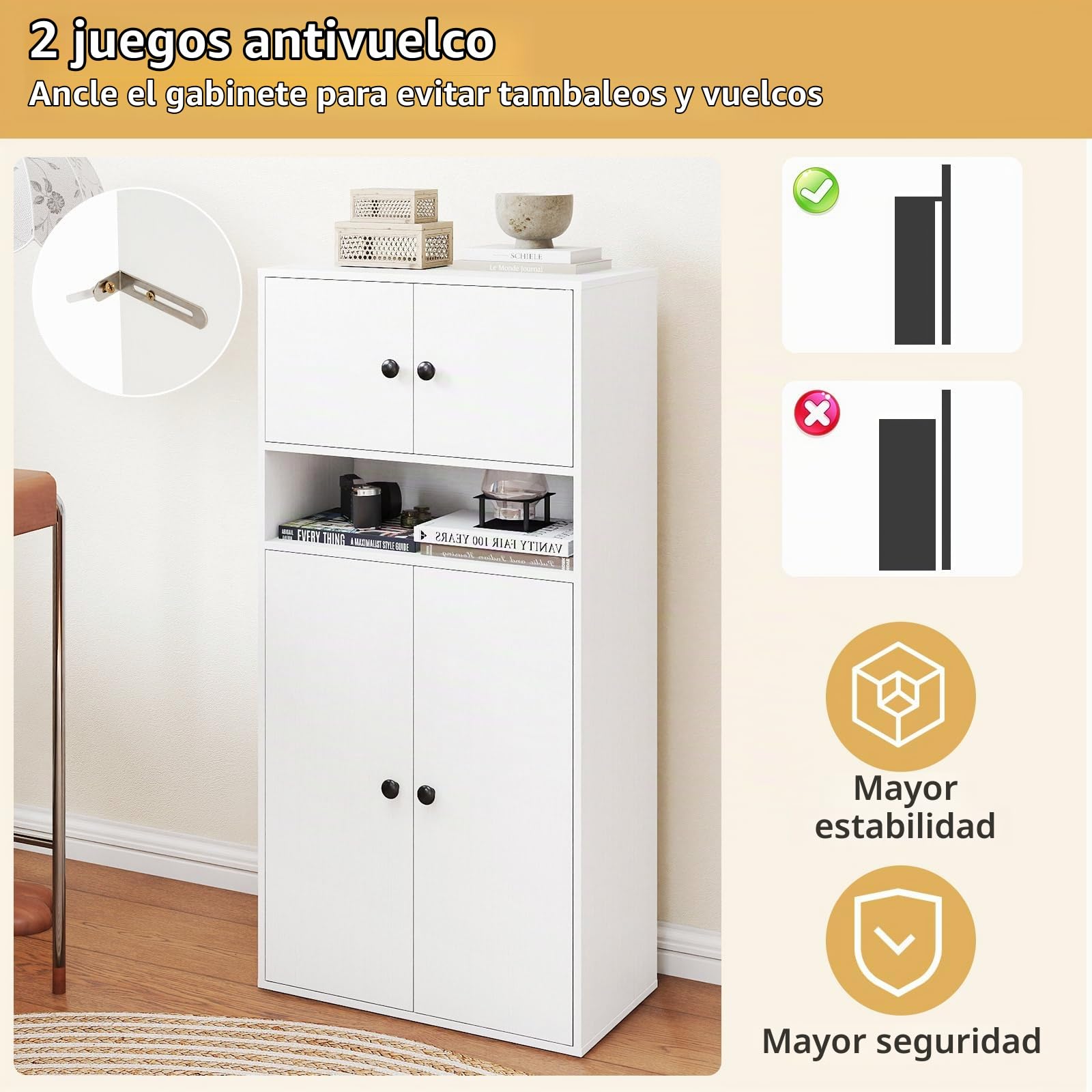 KOMFOTTEU Estantería de 3 Niveles, Librería con 2 Armarios con Puertas y Estante Abierto, Mueble de Almacenamiento con Estante Ajustable de 5 Niveles, para Estudio, Salón, 54 x 30 x 111 cm (Blanco)