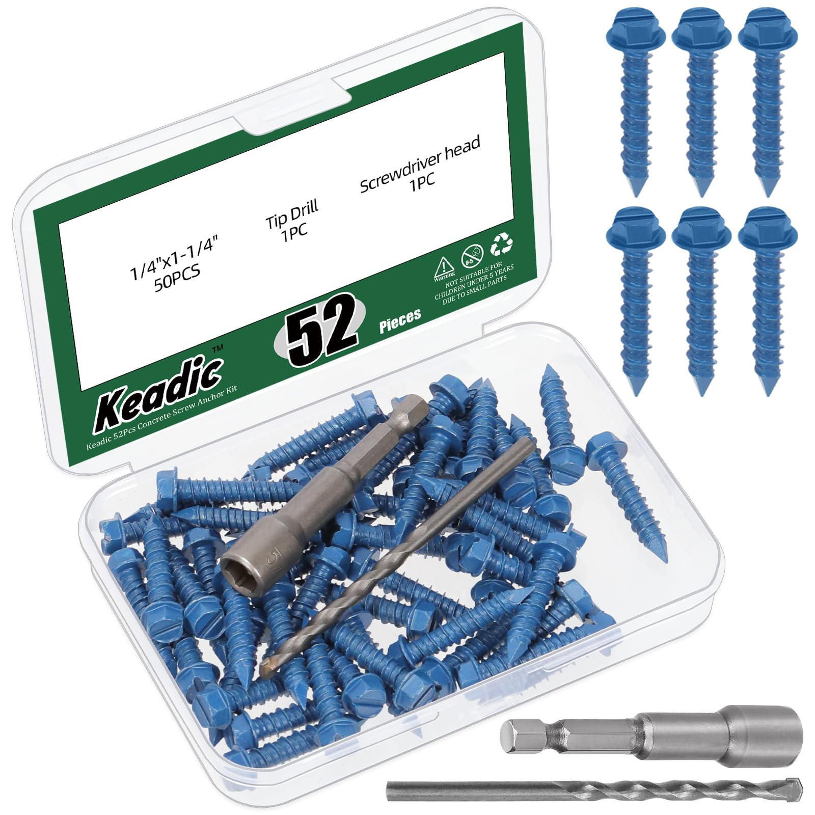 Keadic 50 PCS 1/4" Concrete Screw Anchor with Phillips Flat Head & Drill Bit Set