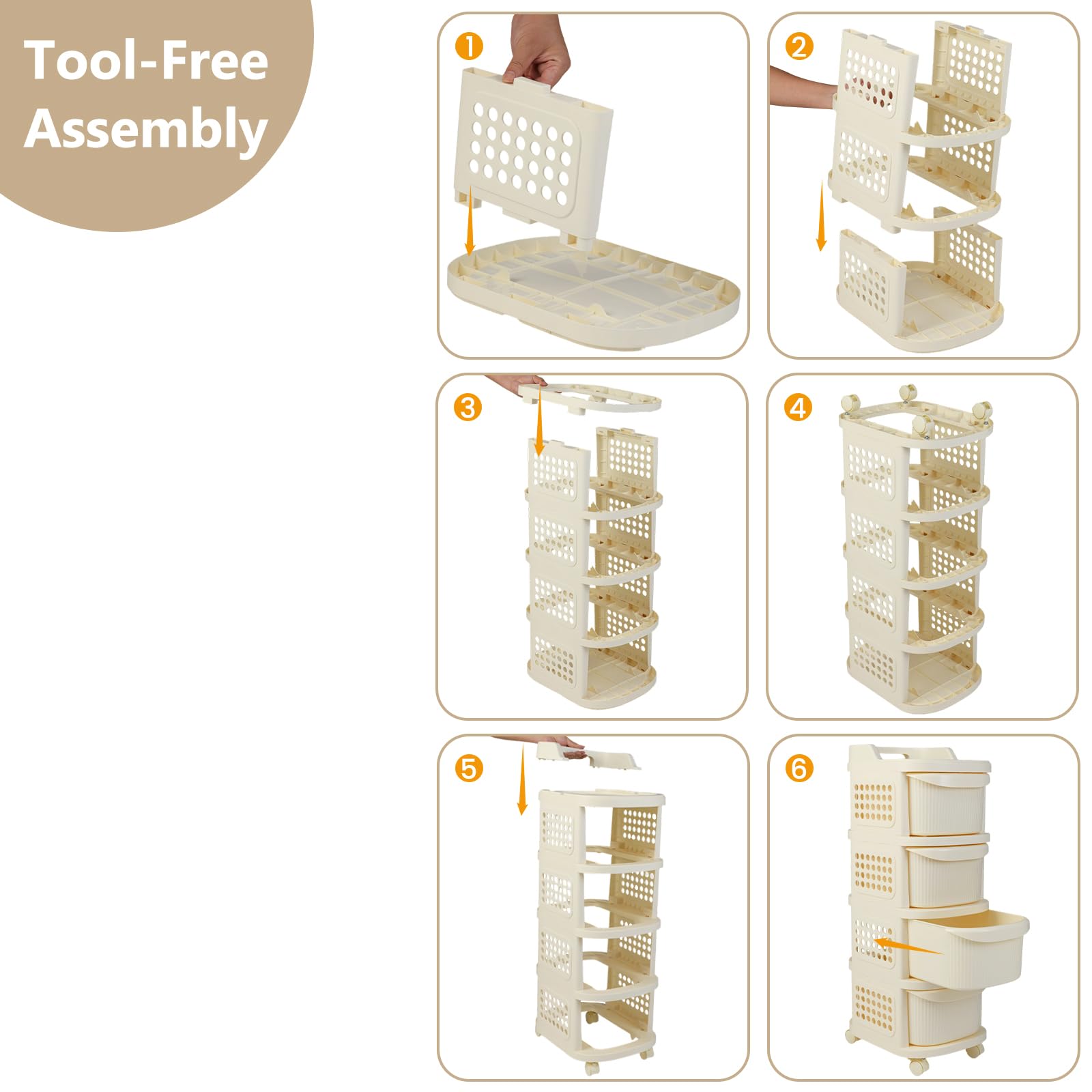 HOMASIS Carrello con 3/4 Cassetti, Pannello Forato, Maniglia e 6 Ganci, Carrello Portaoggetti con Ruote, Organizer Multiuso, Cassettiera Plastica da Cucina, Bagno, Ufficio, Beige (38 x 32 x 86 cm)
