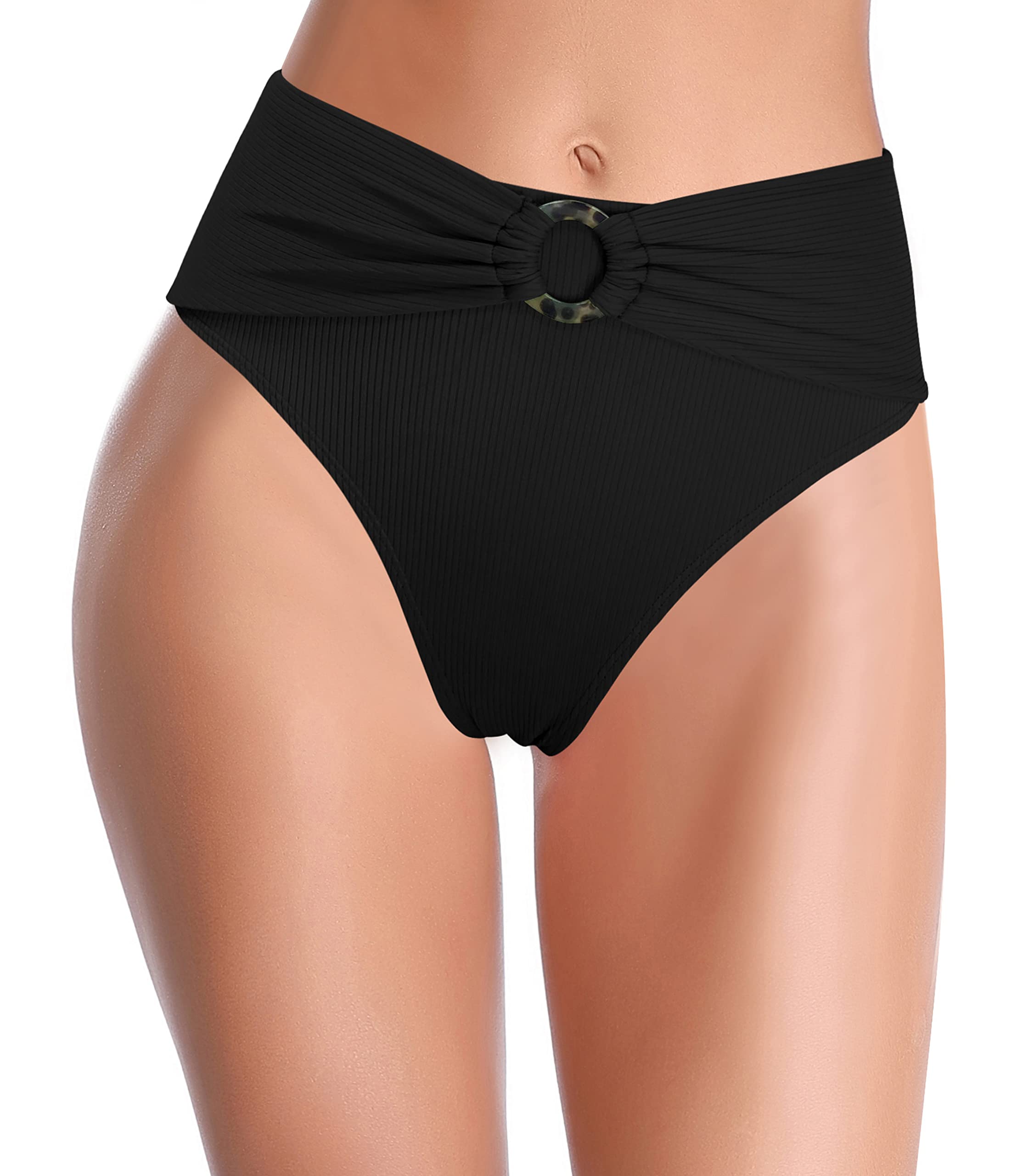 SHEKINI Braga de Baño para Mujer Elegante Ribbed Bikini Control Abdominal Cintura Alta Bikini de Playa Pantalón la Parte Abajo Braga de Bikini
