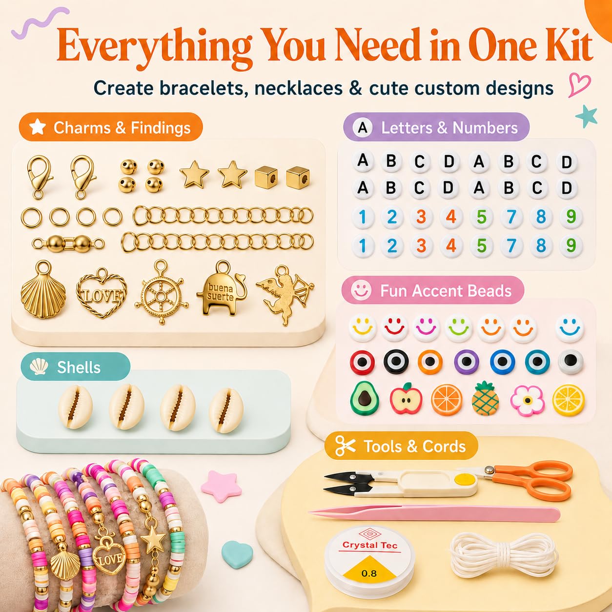 The Beading Co. Kit de fabricación de pulseras de más de 7500 cuentas de arcilla para niñas, cuentas heishi de 24 colores con cuentas de letras y dijes para pulseras de amistad y kit de fabricación de