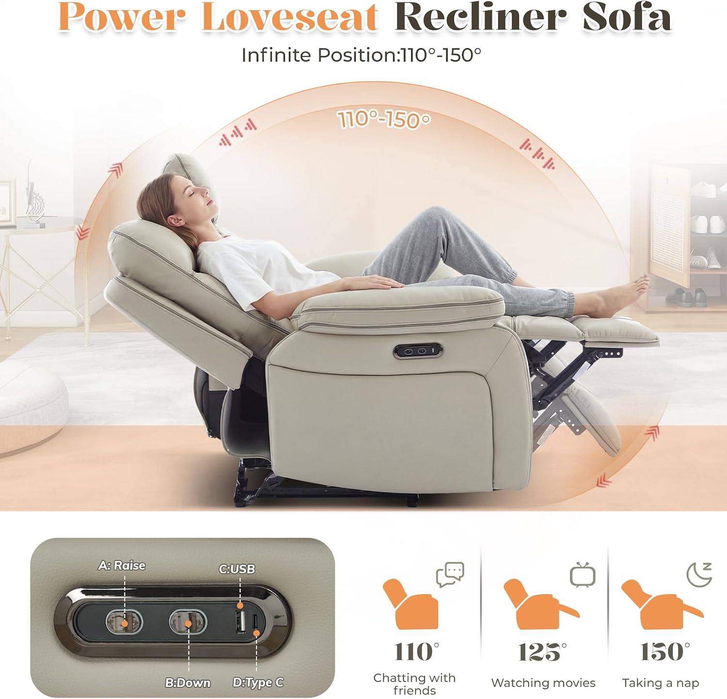 3 Seater Reclining Sofa with Drop Down Table, Breathable Leather Electric Reclining Couch Wall Hugger Recliner with Cup Holder/USB/Type C for Living Room Furniture(Gray, 3 Seater) | Electric Recliner, Top-Grade Leather, Full of Sponge