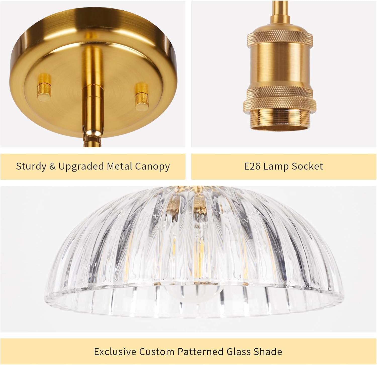 JYO 10" Gold Pendant Light, Vintage Single Pendant Light Fixtur with Ribbed Glass, Pendant Light for Kitchen Island Bedroom Hotel Living Room
