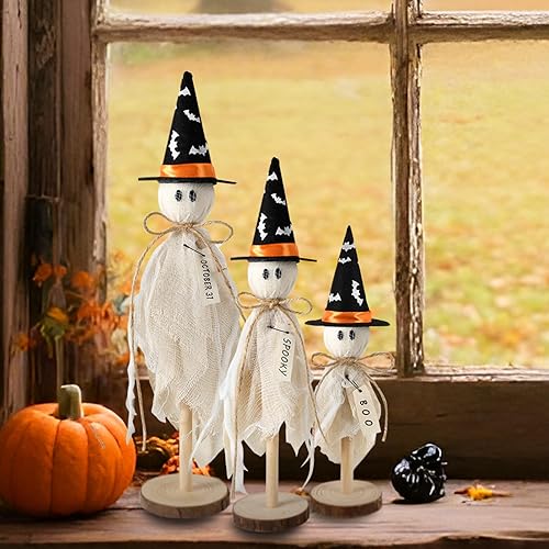 Miniatura 6 de Decoraciones de Halloween para interiores, 3 piezas de fantasmas primitivos de Halloween con sombrero de bruja, murciélago en soporte de madera