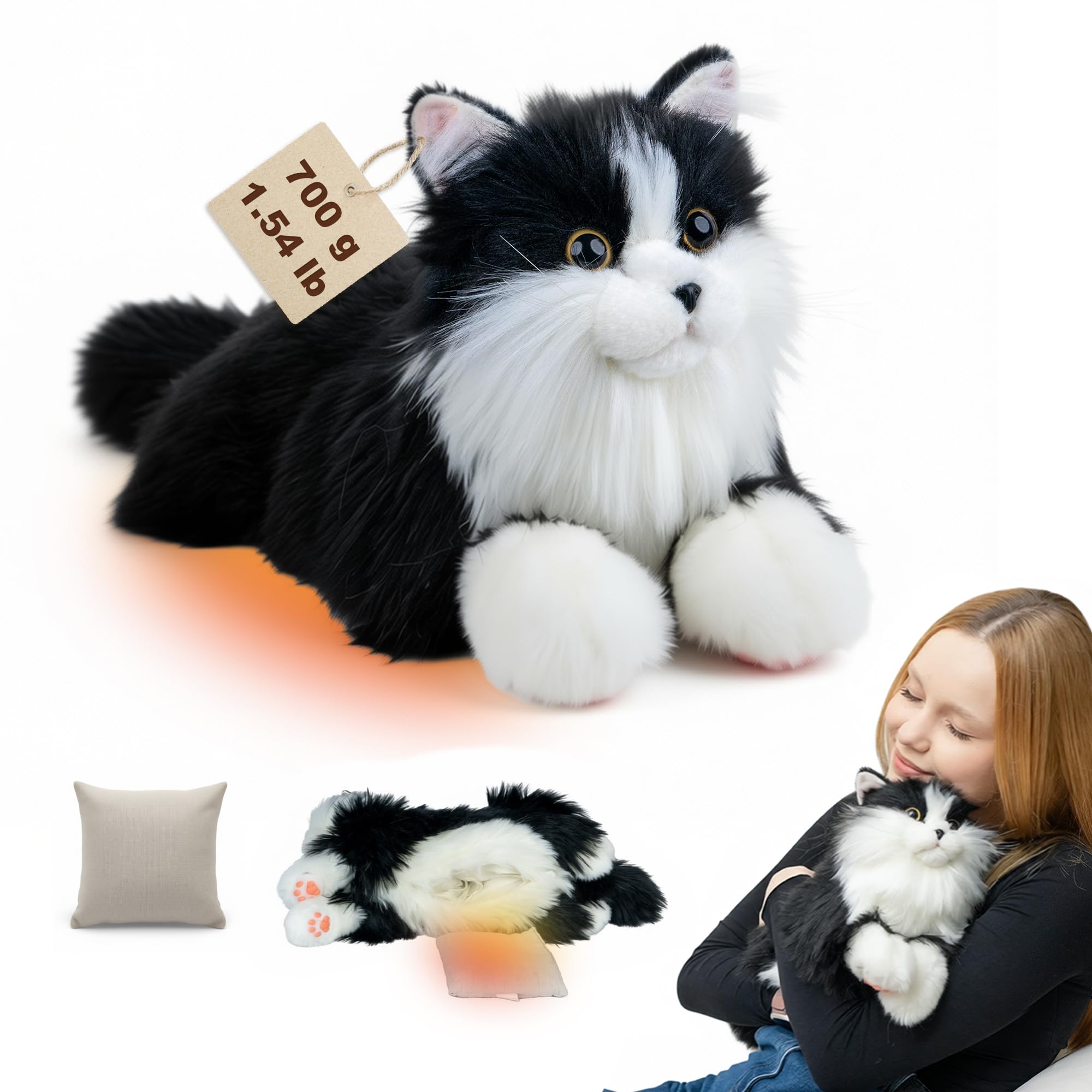 Weighted Heated & Cooling Cat Plush Toy, 1.5lb 21-Inch Realistic Black Cat Stuffed Animal with Removable Microwavable Heat Pack-Not Filled with Flaxseed & Unscented, Comfort for Kids & Adults