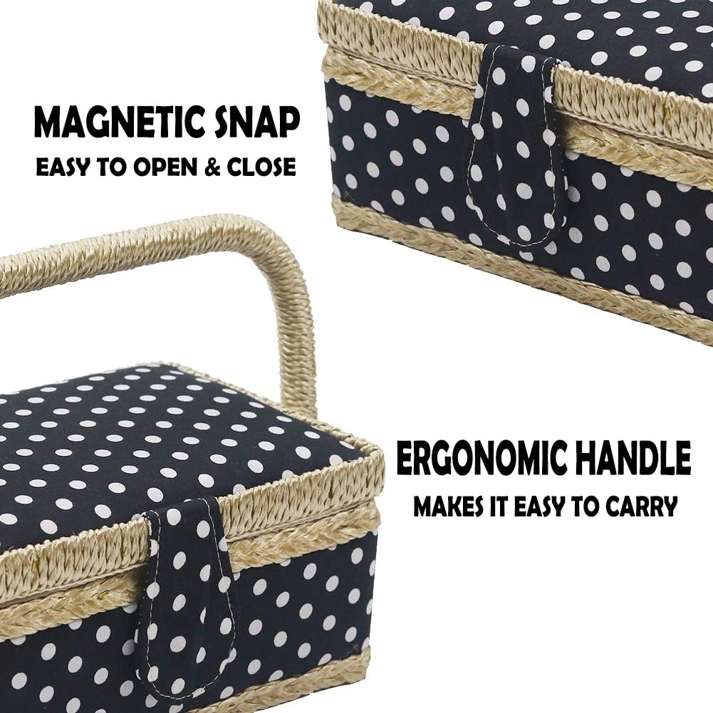 D&D Sewing Basket with Sewing Kit Accessories, Small Sewing Box for Kids, Black & White