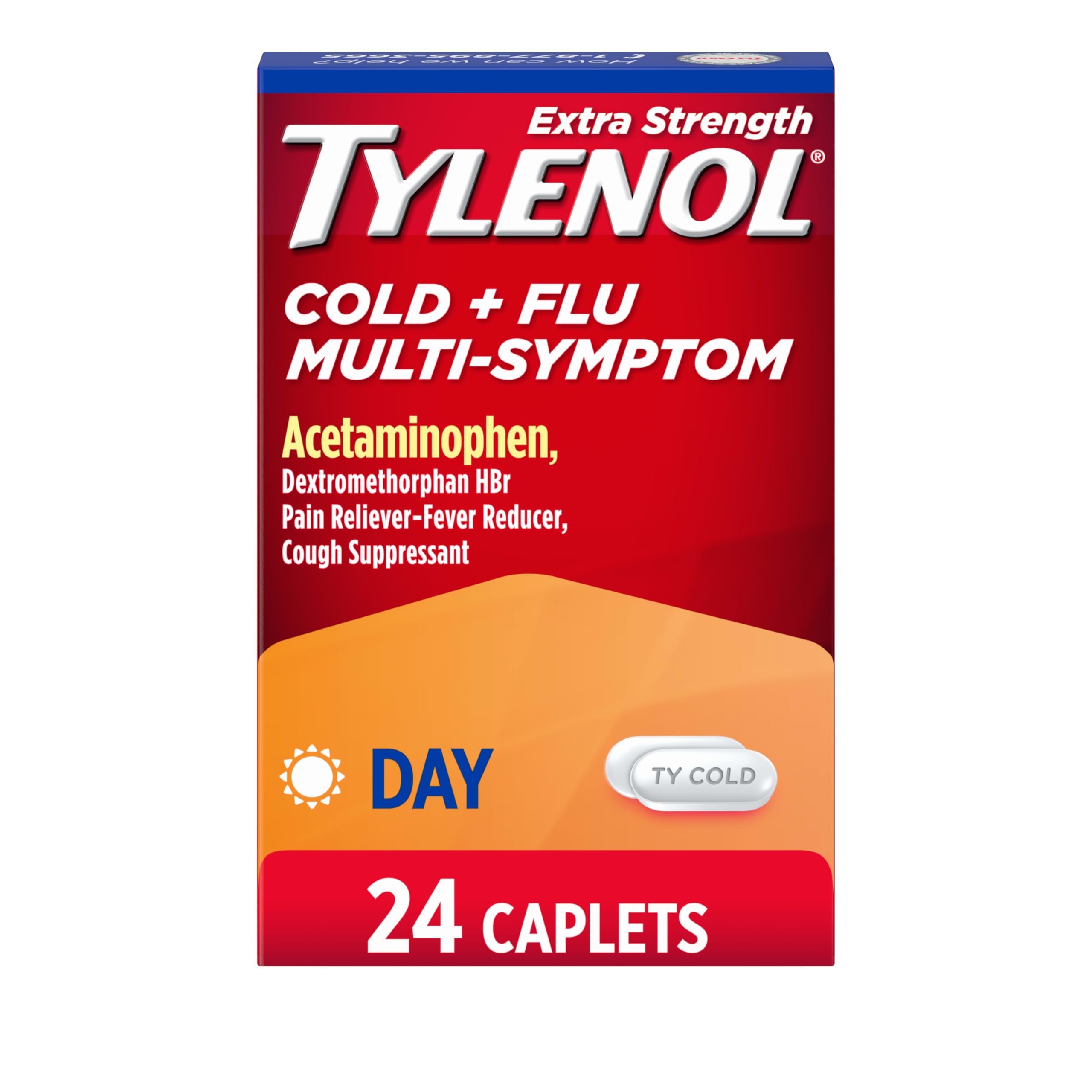 Tylenol Extra Strength Cold + Flu Multi-Symptom Relief Caplets, 24 ct | Daytime, Acetaminophen Pain Reliever, Fever Reducer, Dextromethorphan HBr Cough Suppressant
