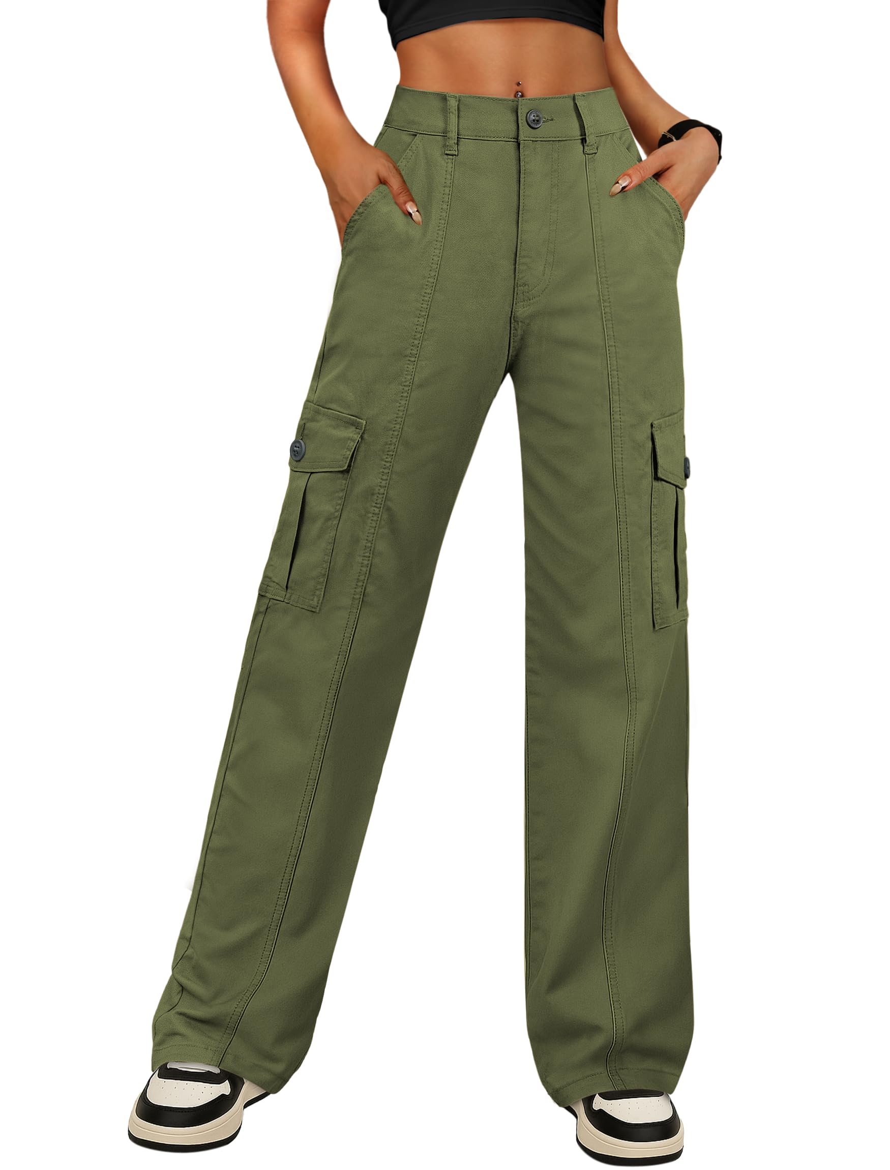 IWD Womens Cargo Pants with Pockets High Waisted Combat Military Straight Leg Casual Work Trousers 6 Pockets Army