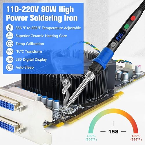 Vista 11 de Kit de soldador, kit de pistola de soldadura digital LED de 90 W con calentador de cerámica, kits de soldadura de temperatura ajustable de 110 V