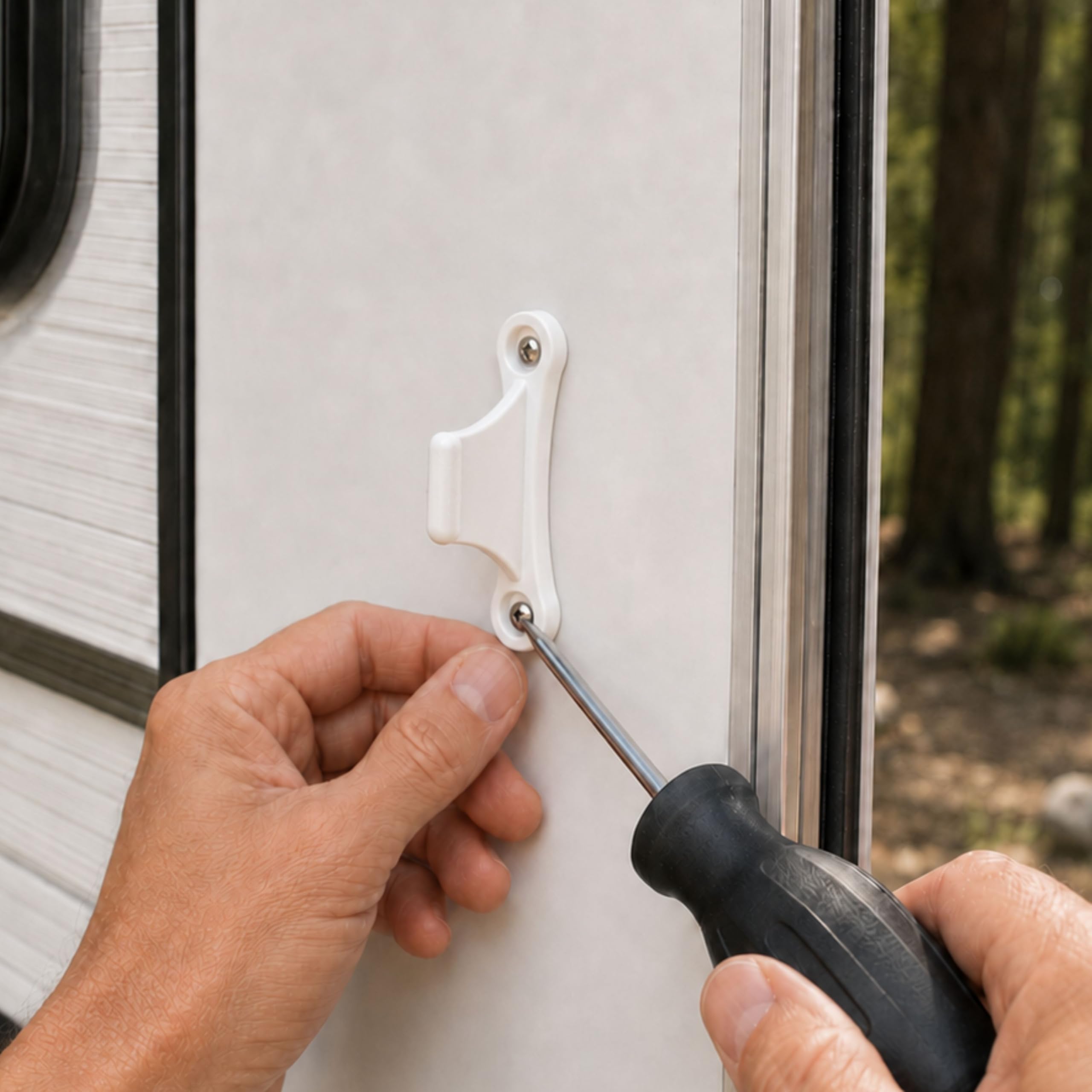 Fermo per Porta Roulotte e Camper, Interasse fori 35 mm e 48 mm, Serratura di Bloccaggio Bianca, per Sportelli di Servizio e Gavoni di Stoccaggio, Sicura per Porta Camper, Accessori Camper Roulotte