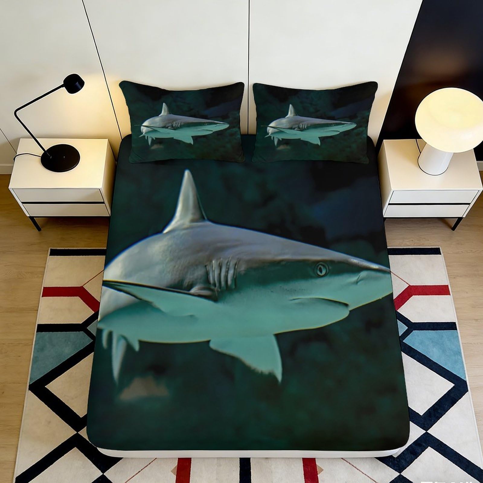 3D Printed Shark Ocean Fitted Sheet Microfiber Soft Anti-Slip Blue Underwater Mattress Cover for Bedroom Guest Room Decor 120x200x25cm
