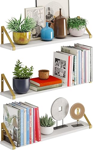 Miniatura 9 de Wallniture Ponza White Floating Wall Shelves with Gold Color Metal Brackets, Living Room, Bedroom, Bathroom, Home Office Decor, Set of 3