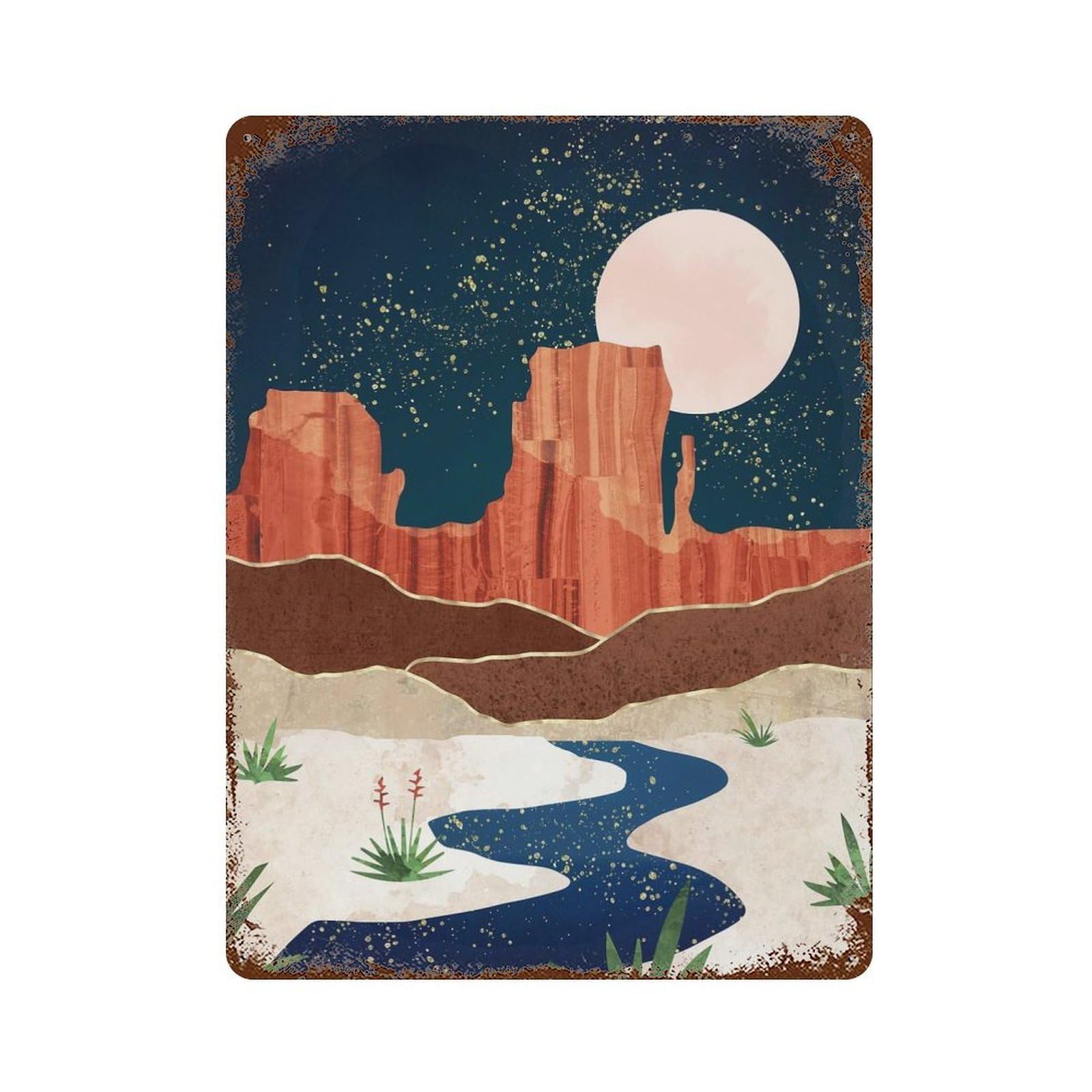Decorative Tin Sign with Desert Stars River Design 15.7"x11.8", for Farmhouse, Kitchen And Entryway Decor, Old School Wall Decor