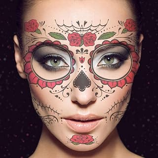 Frcolor Temporary Face Tattoo, Floral Day of the Dead Sugar Skull Temporary Face Tattoo Kit,2Pcs