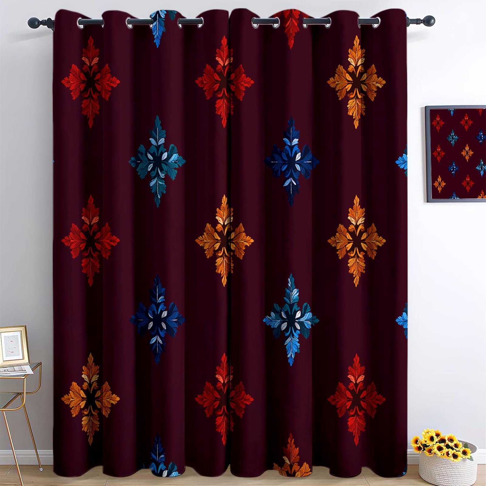 Genérico Rombos Simétricos De Colores Cortinas Opacas térmicas Que bloquean la luz, Tradición Vintage Cortinas Opacas con Ojales para Dormitorio y Sala de Estar 140 x 260 cm (2 Paneles)
