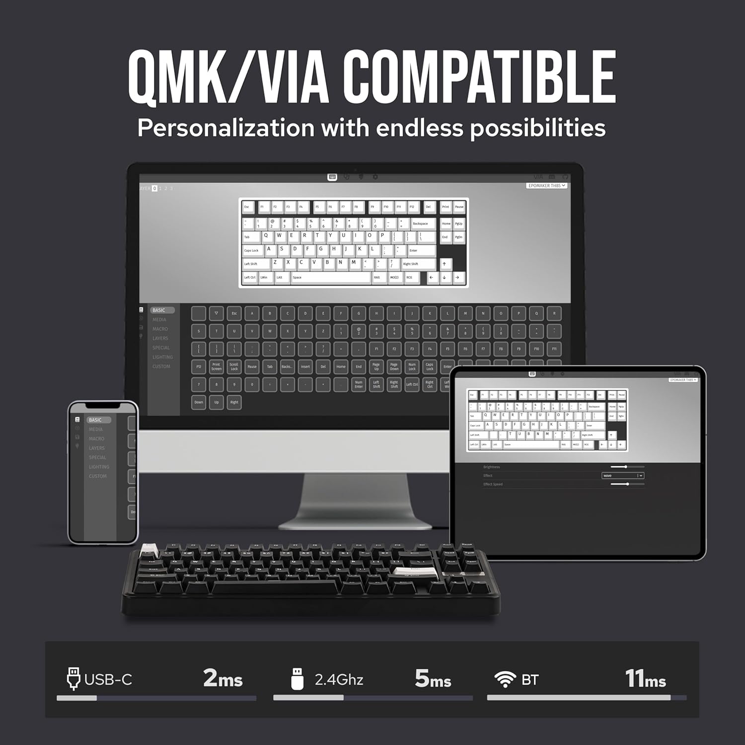 EPOMAKER TH85 QMK/VIA Wireless Gaming Keyboard, BT5.0/2.4GHz/USB-C, Hot Swappable Pre-lubed Custom Creamy Jade Linear Switches, Gasket Creamy Keyboard for PC/Mac/Office/Gaming (Black)