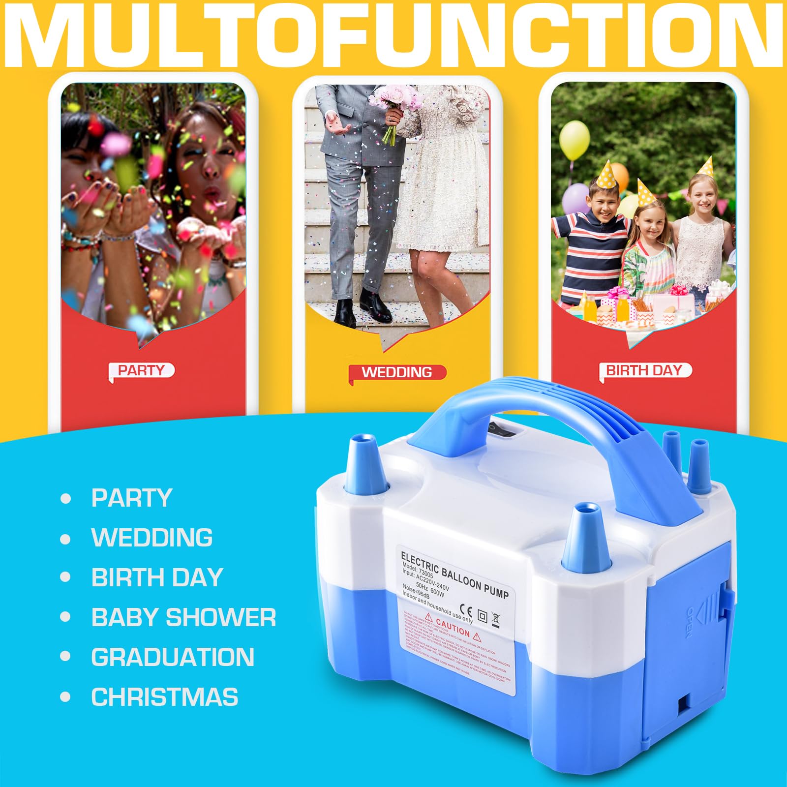 Bomba eléctrica para Globos de Aire, inflador/soplador de Globos eléctrico portátil de Doble Boquilla para decoración de Fiestas, se Utiliza para llenar rápidamente Globos, 110 V 600 W [Azul]