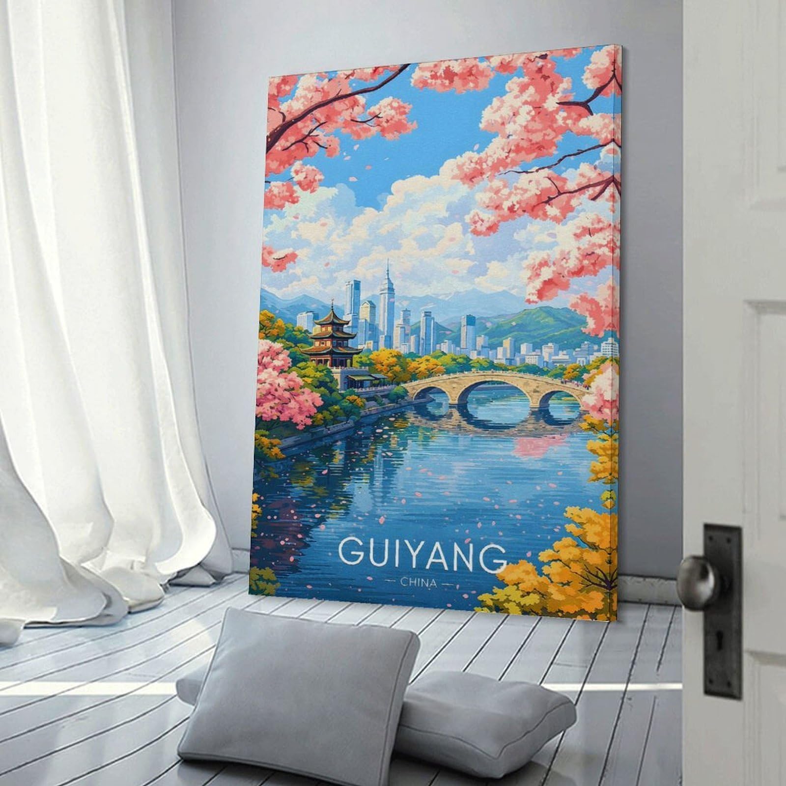 Junmoney Frame-Style-15-1 Guiyang Cityscape With Cherry Blossoms Canvas Wall Decor, 08X12inch(20X30cm), For Wall Displays, Bedrooms Or Room Updates, Wall Decor Suited To Curated Displays