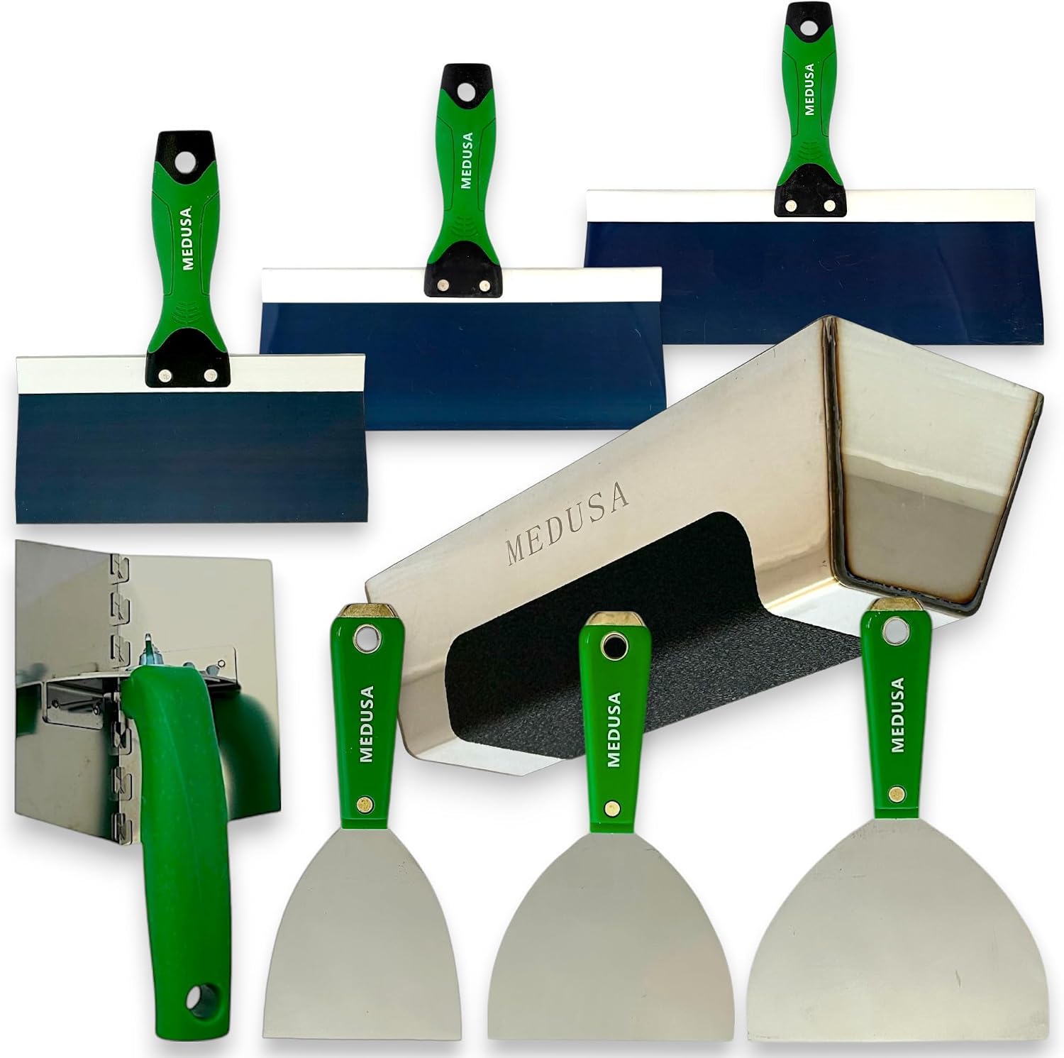 Medusa's Carbon and Blue steel Drywall Taping kit with S.S. Adjustable Angle Tool and S.S. Mud Pan with Grip Note to Beginners All Carbon & Blue Steel will Rust