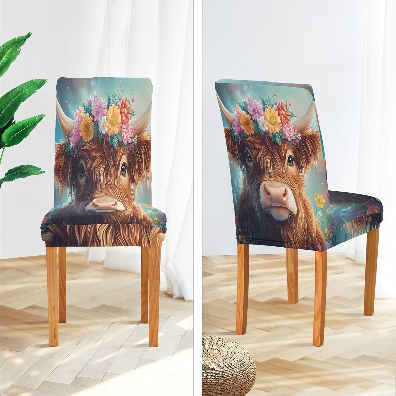 ALAZA Chair Covers for Dining Room, Highland Cow Flowers Stretch Chair Cover Sets Chair Protector Removable Washable for Ktichen Restaurant Hotel