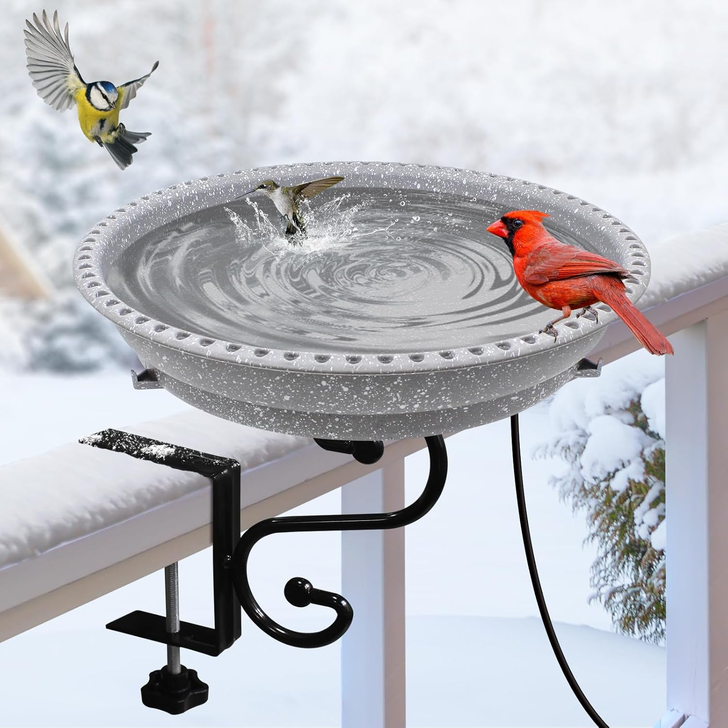 Heated Bird Bath, 75W Thermostatically Controlled Adjustable 3.7 Inches Clamp All Seasons Available Heated Bird Bath for Deck Railing for Outdoor Garden Yard Patio Decoration, Spotted Grey