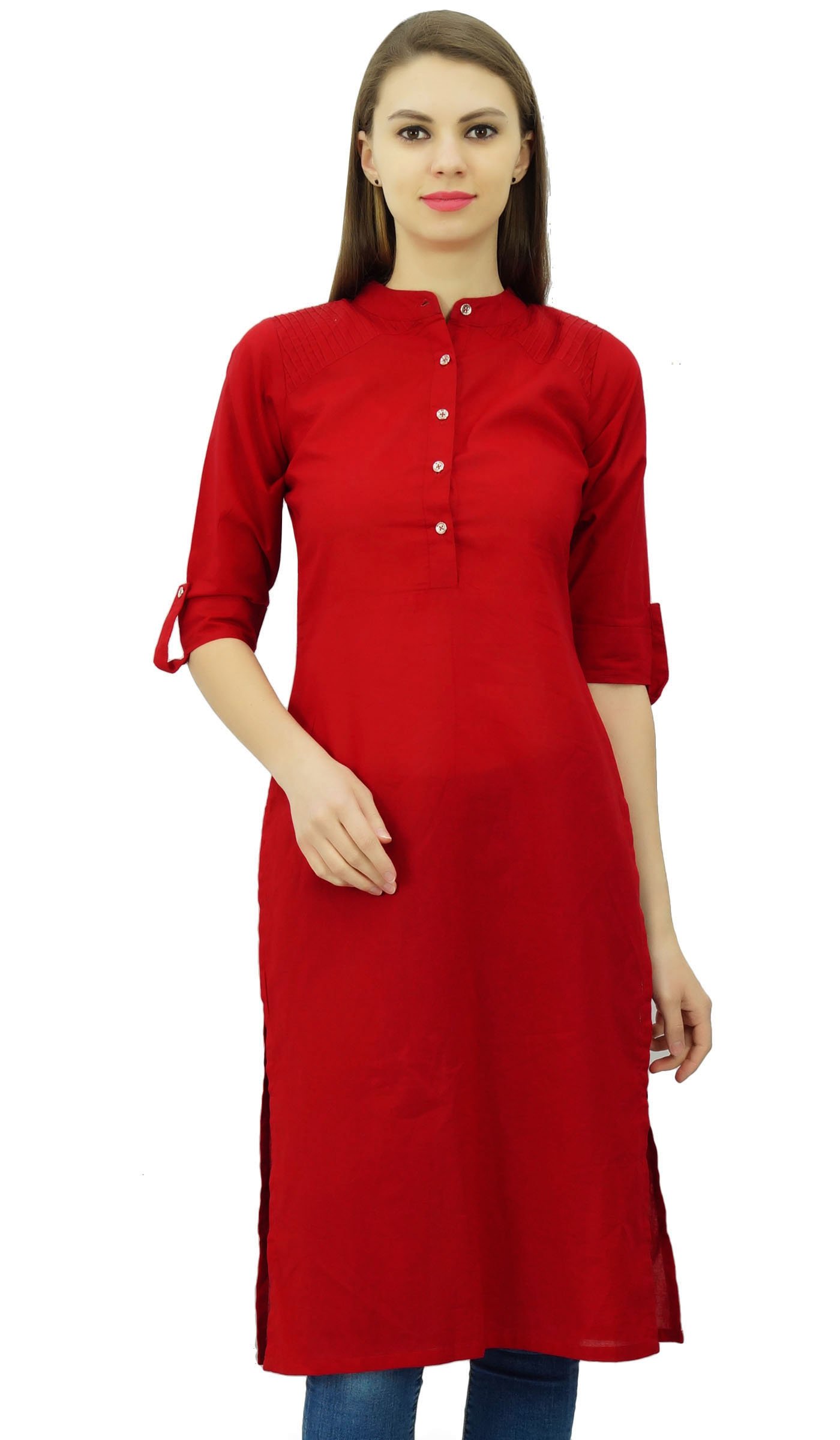 Phagun Women's Red Cotton Plain Kurti Tunic Mandarin Collar Ethnic Casual Kurta Blouse