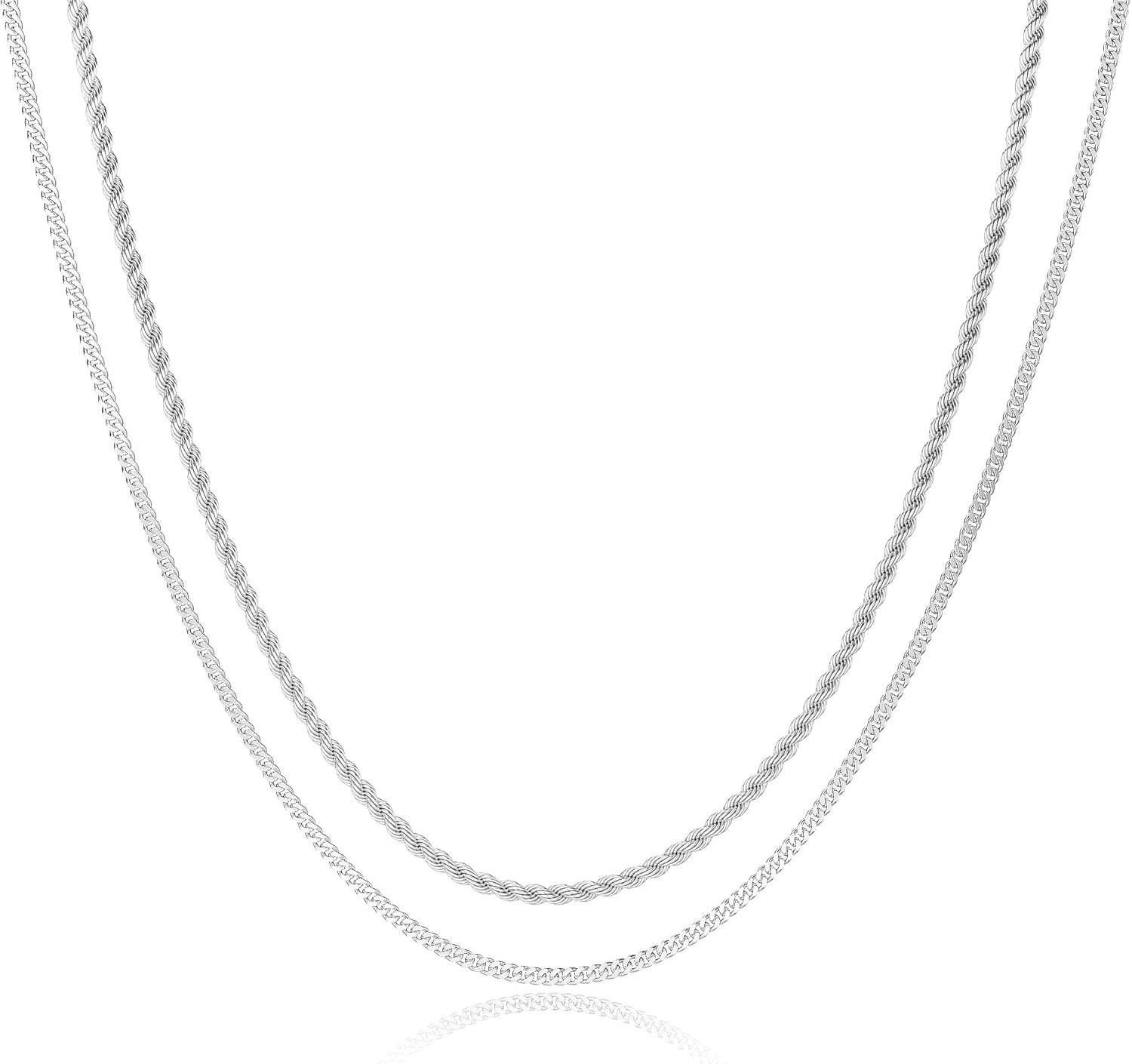 Moodear Trendy 2Pcs 3mm Chain Necklace for Men Layered 14K Silver Plated Cuban Link Rope Necklaces Set Simple Jewelry Gift 18-28 Inches