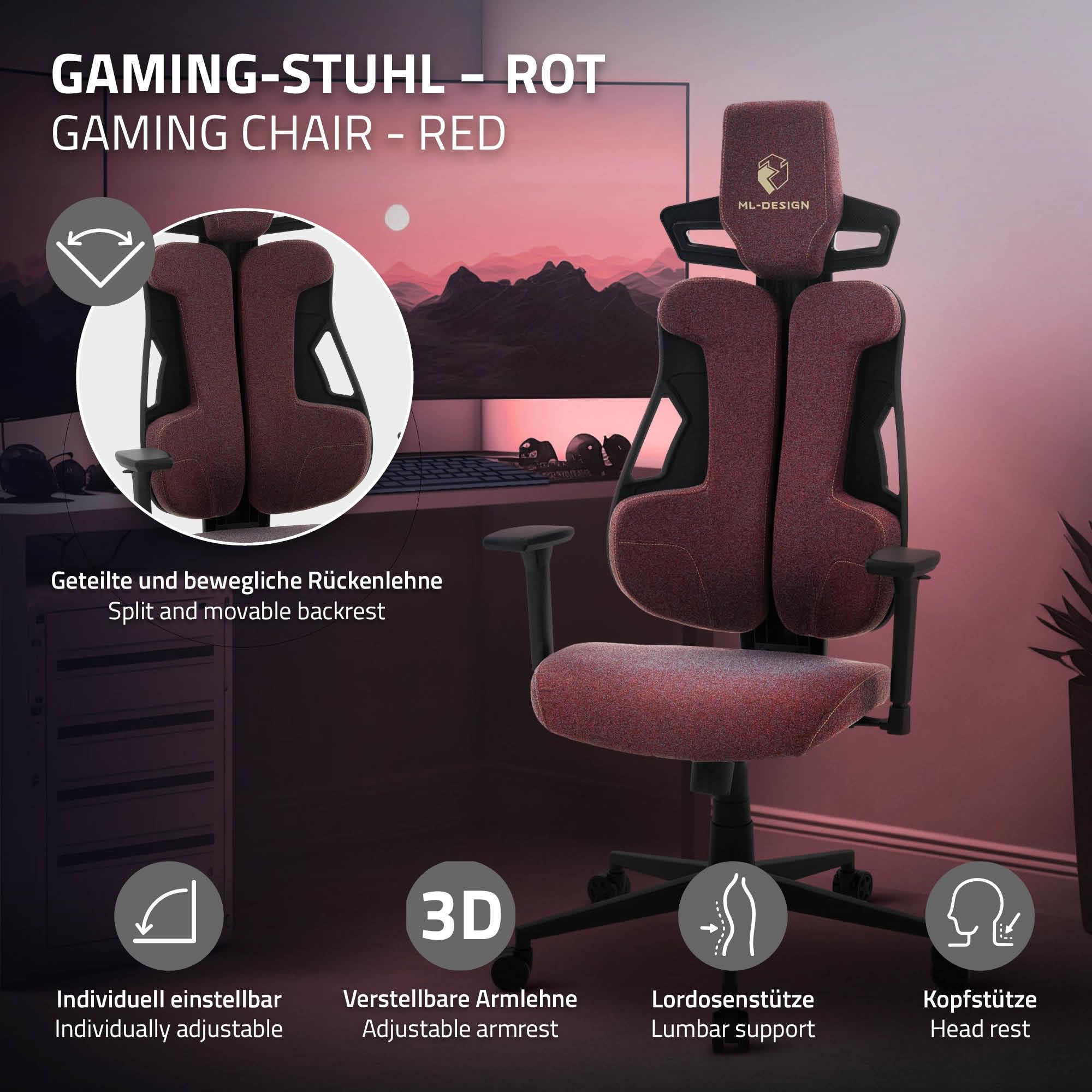 ML-Design Chaise de Gaming Ergonomique en Tissu Rouge, Accoudoirs 3D Réglables, Appui-Tête, Soutien Lombaire, Dossier Ajustable, Fauteuil Gamer Confortable pour Ordinateur, Mobilier Bureau Home Office