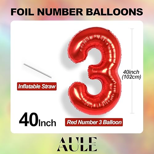 Miniatura 5 de AULE Globos rojos grandes de 40 pulgadas con número 3, globos de helio de aluminio grandes del 0 al 9, decoraciones gigantes para fiesta de tercer