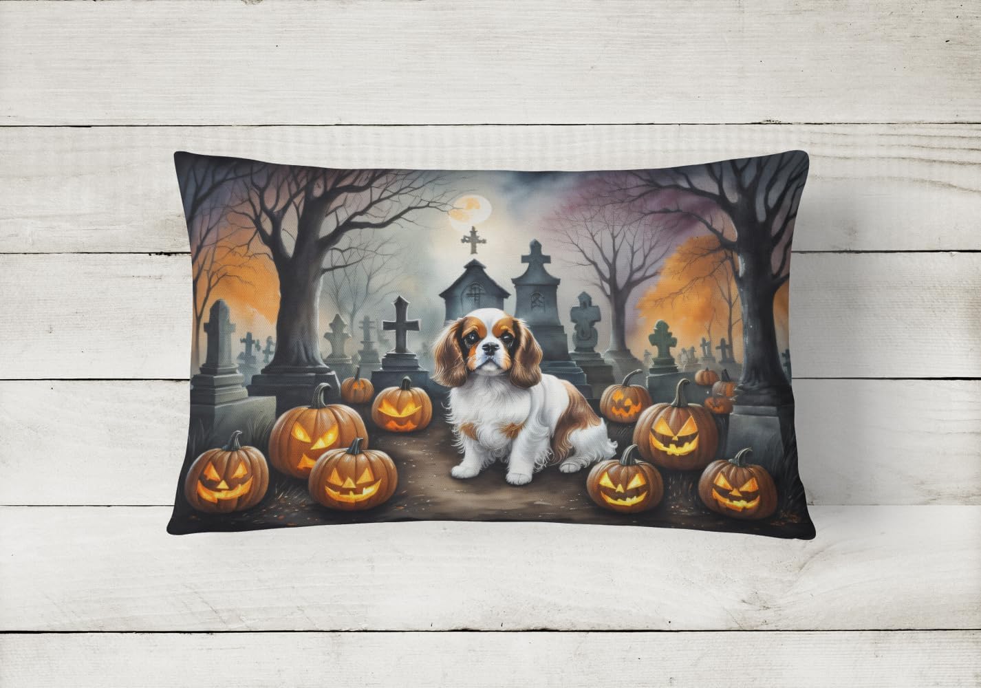 Caroline's Treasures DAC2030PW1216 Cavalier Spaniel Spooky Halloween Fabric Decorative Pillow Machine Washable, Indoor Outdoor Decorative Pillow for Couch, Bed or Patio, 12HX16W