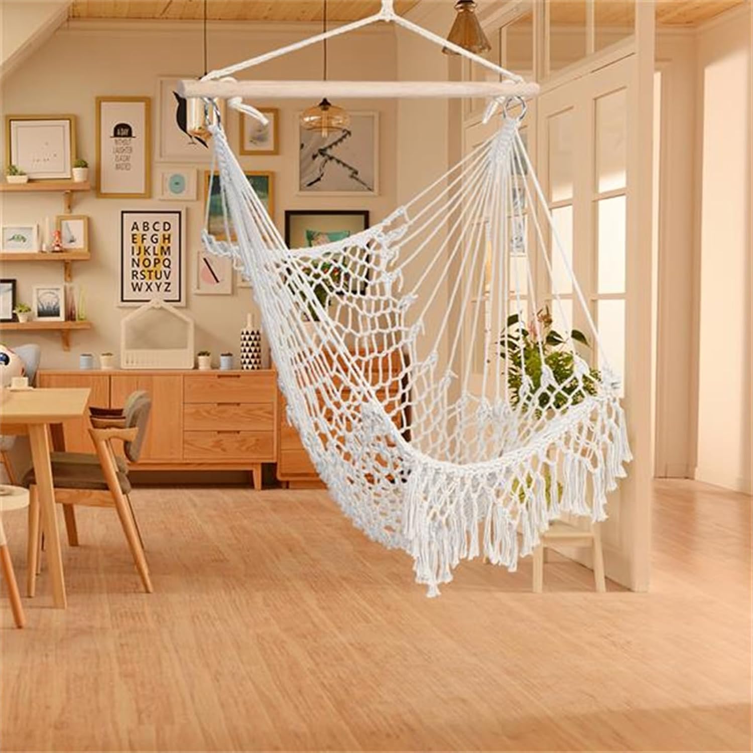 Rope Sling with Tassel Cotton Rope Hanging Chair for Home Outdoor Yard Garden Beige