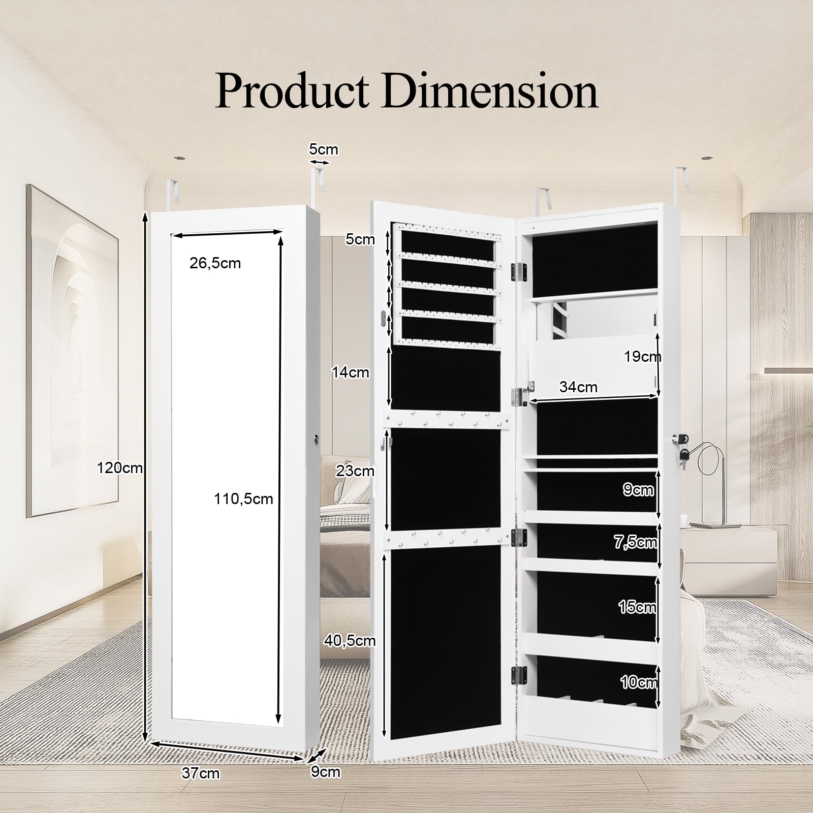 HOMASIS Armario para joyas de pared y puerta, joyero con espejo de cuerpo entero, espejo de maquillaje y 12 LED y cerradura, con ganchos para cadenas y pendientes, 120x37x9cm (Blanco)