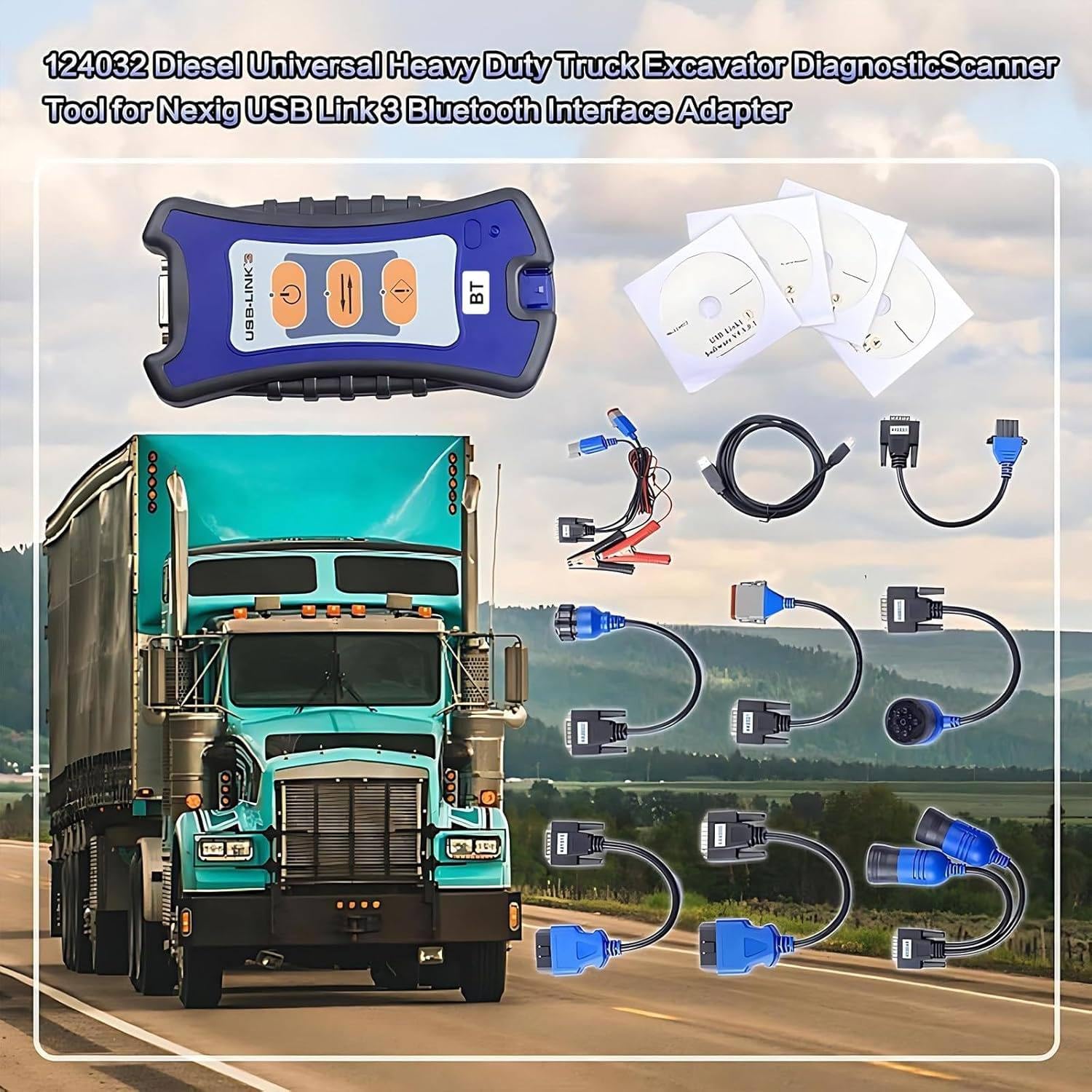 Herramienta de diagnóstico Nexiq USB Link 3 con Cable para Camiones de Alta Resistencia, escáner diésel para excavadoras universales - Incluye Kit Adaptador Completo